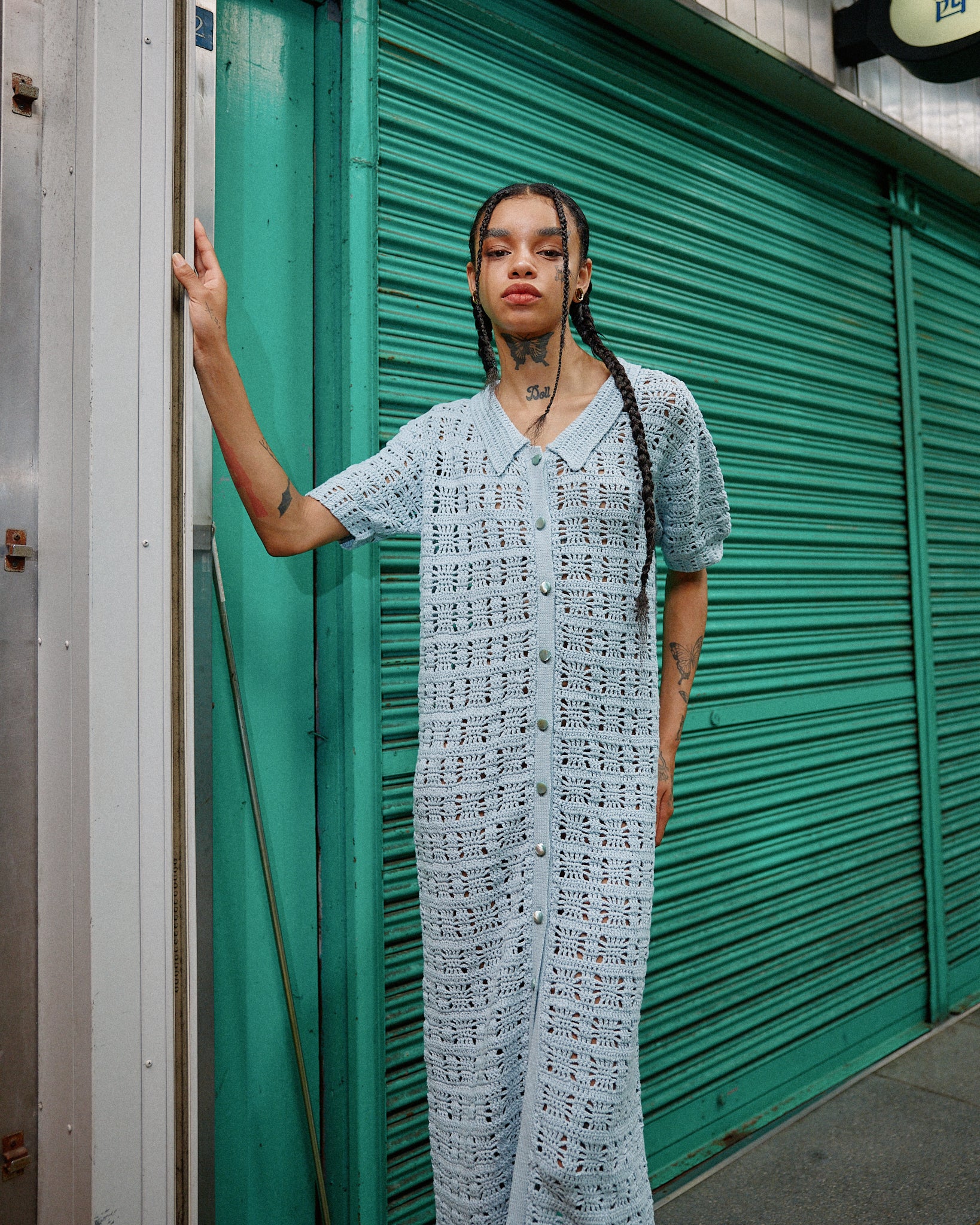 CROCHET HAND KNIT S/S MAXI ONE-PIECE - LIGHT BLUE