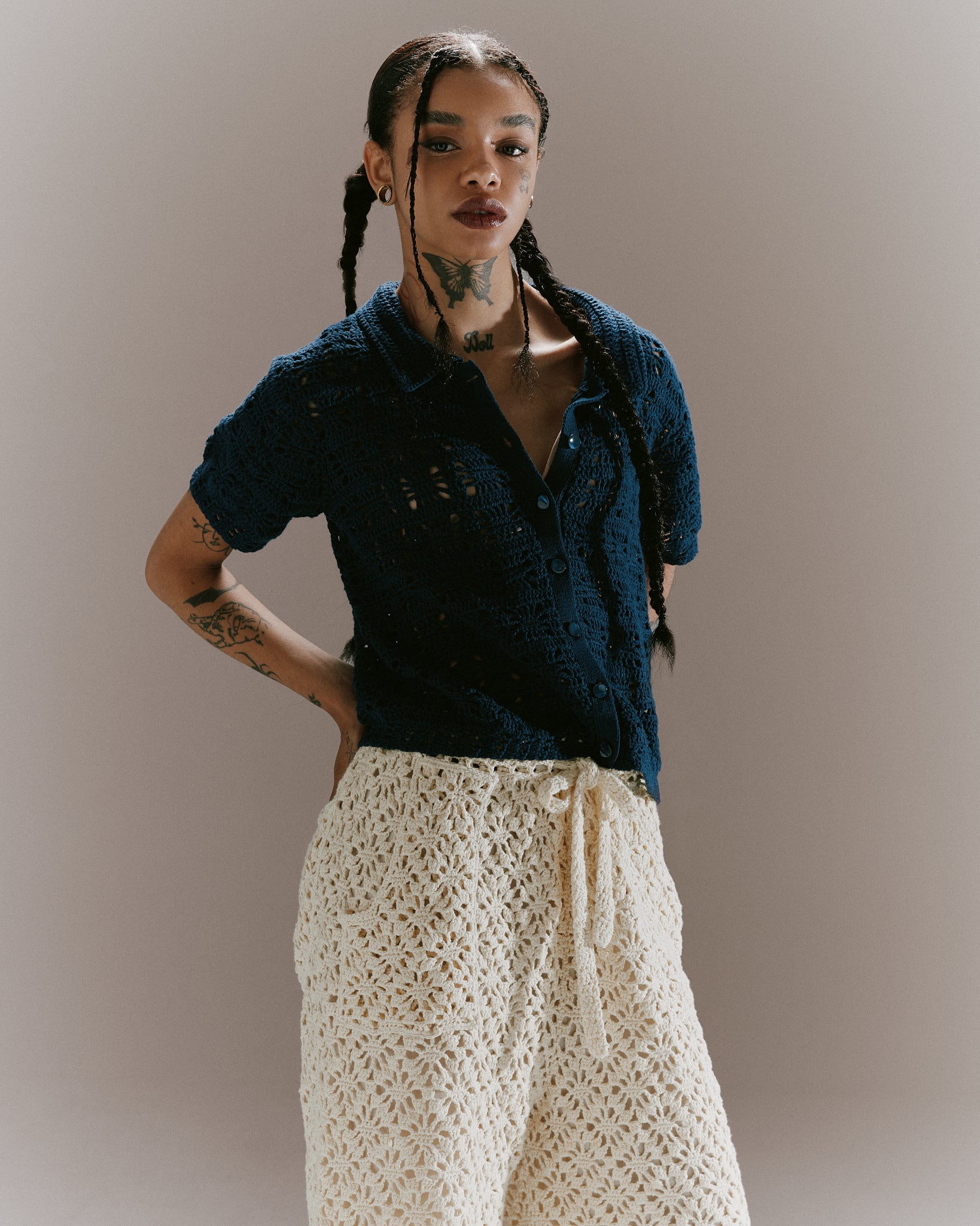CROCHET HAND KNIT SHIRTS - SLATE BLUE