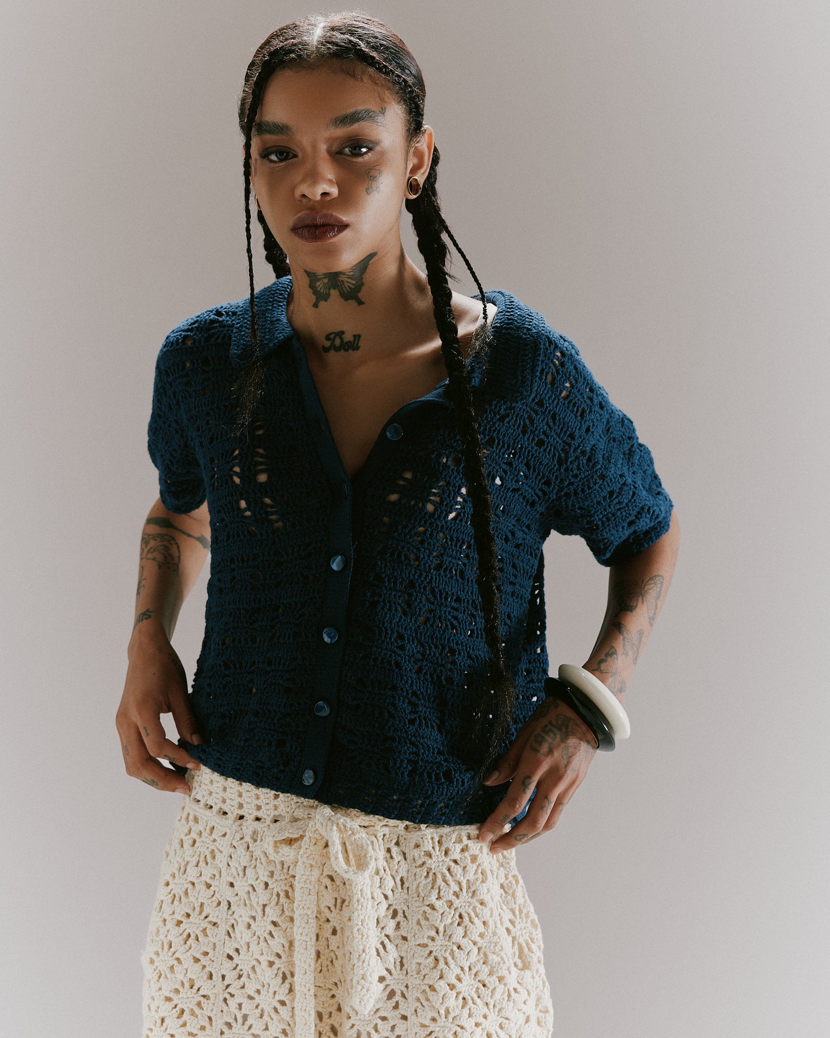 CROCHET HAND KNIT SHIRTS - SLATE BLUE