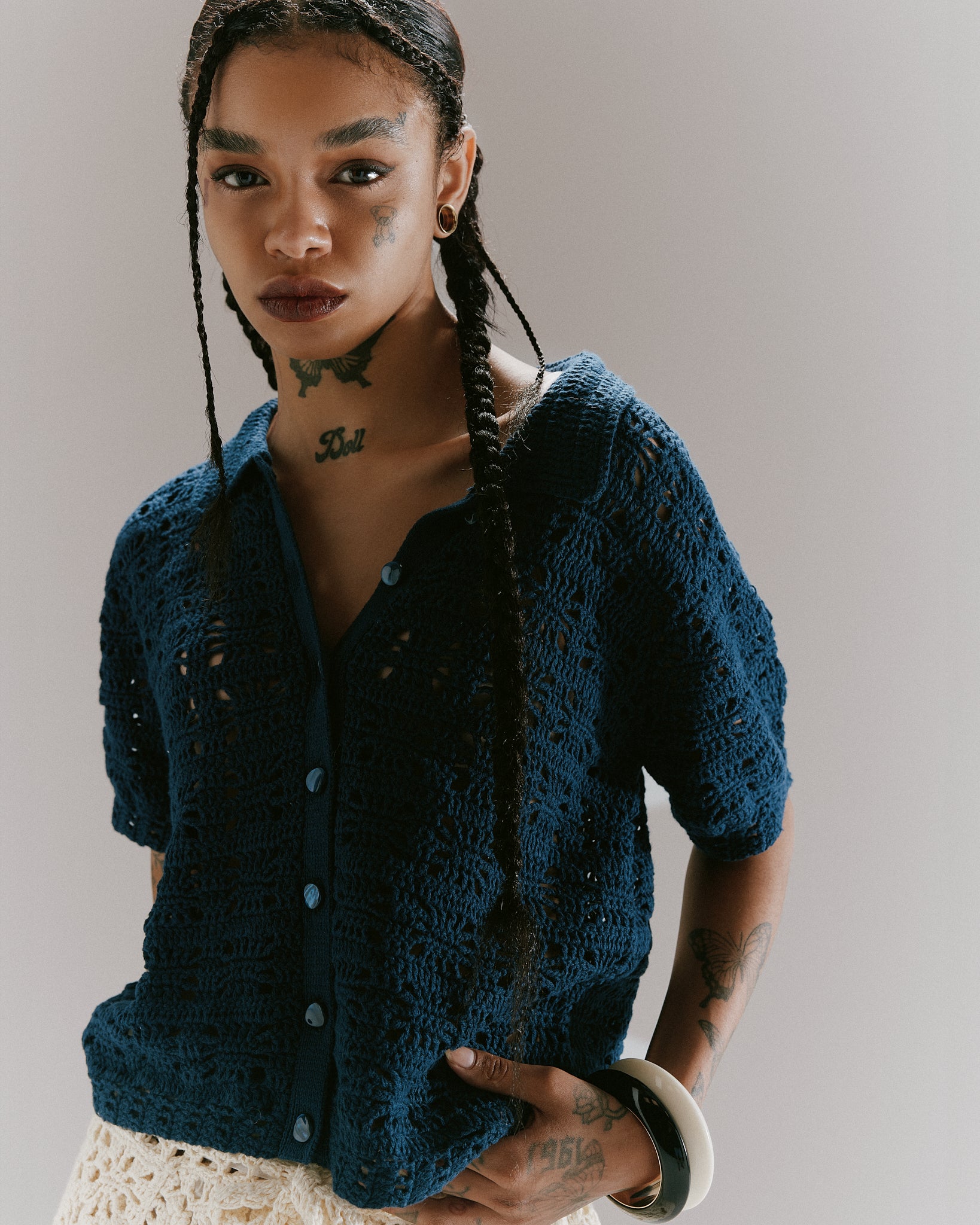 CROCHET HAND KNIT SHIRTS - SLATE BLUE