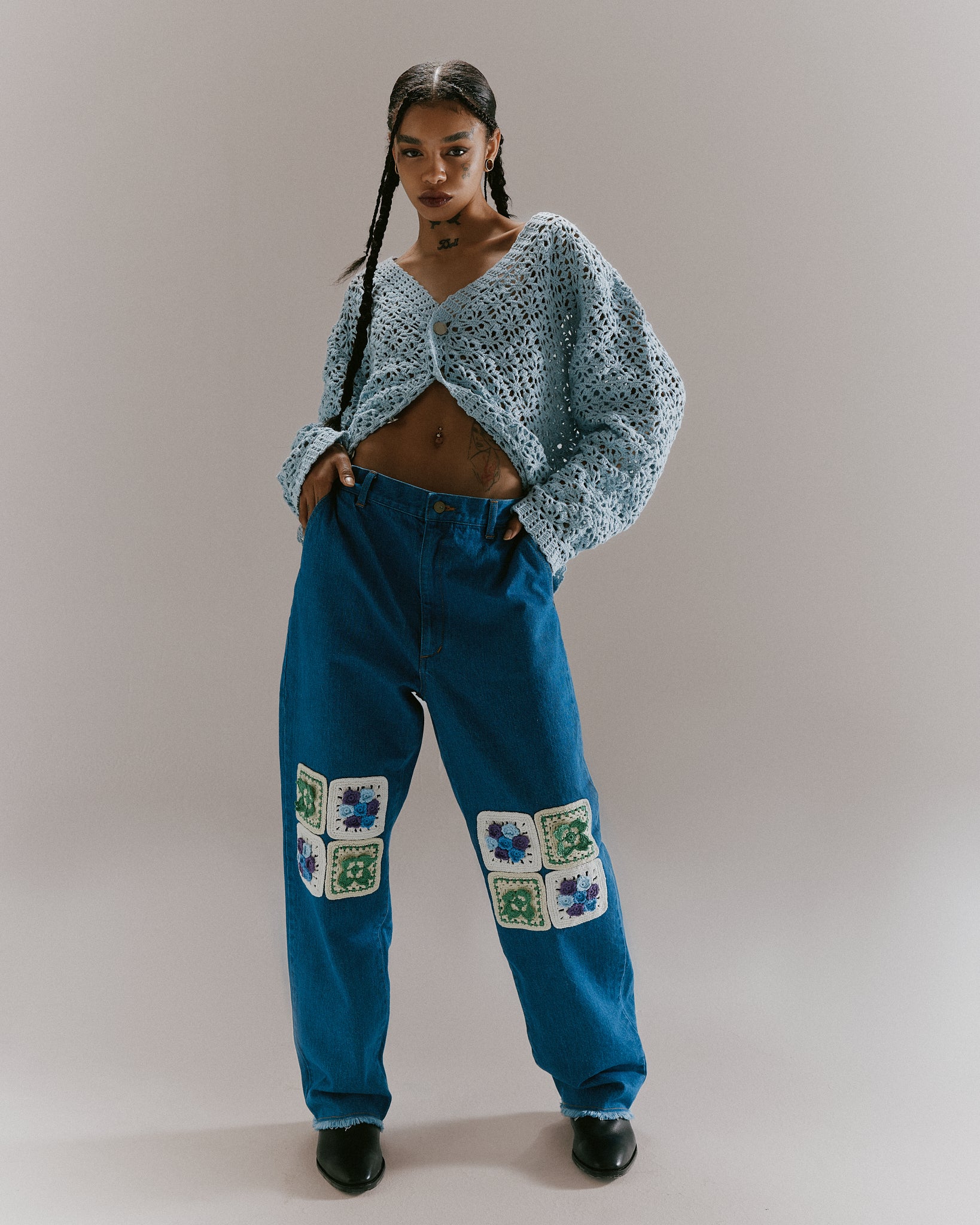 CROCHET HAND KNIT CARDIGAN - LIGHT BLUE