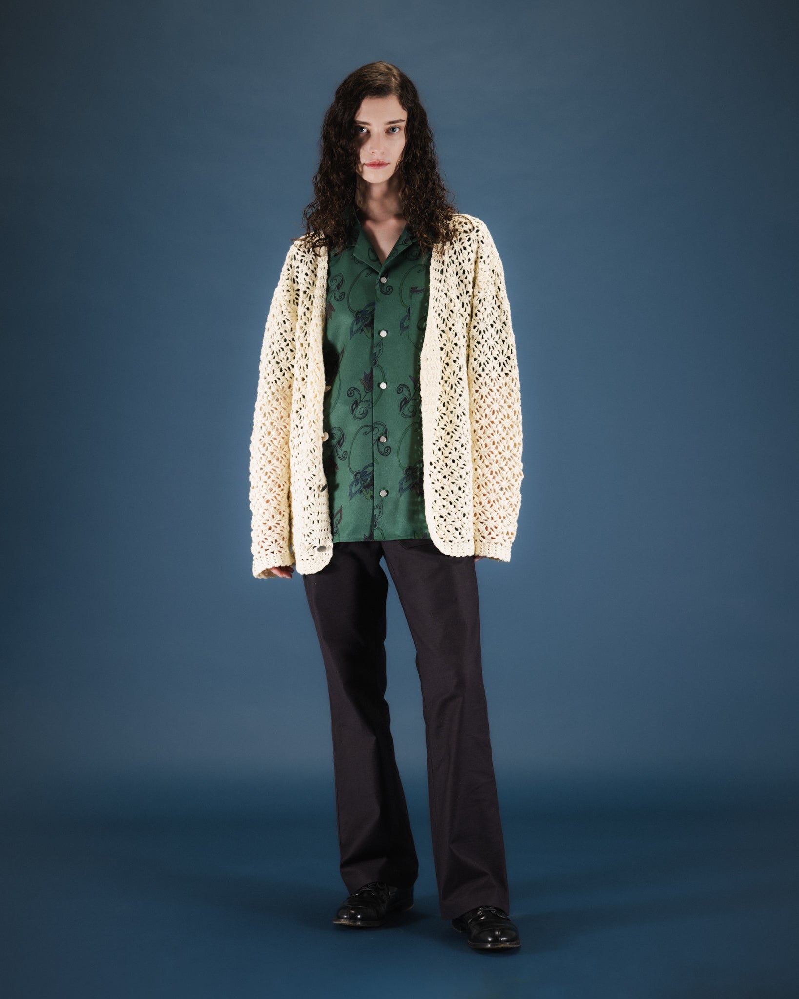 HAND-PAINTED BOTANICAL PRINT OPEN COLLAR SHIRTS - GREEN