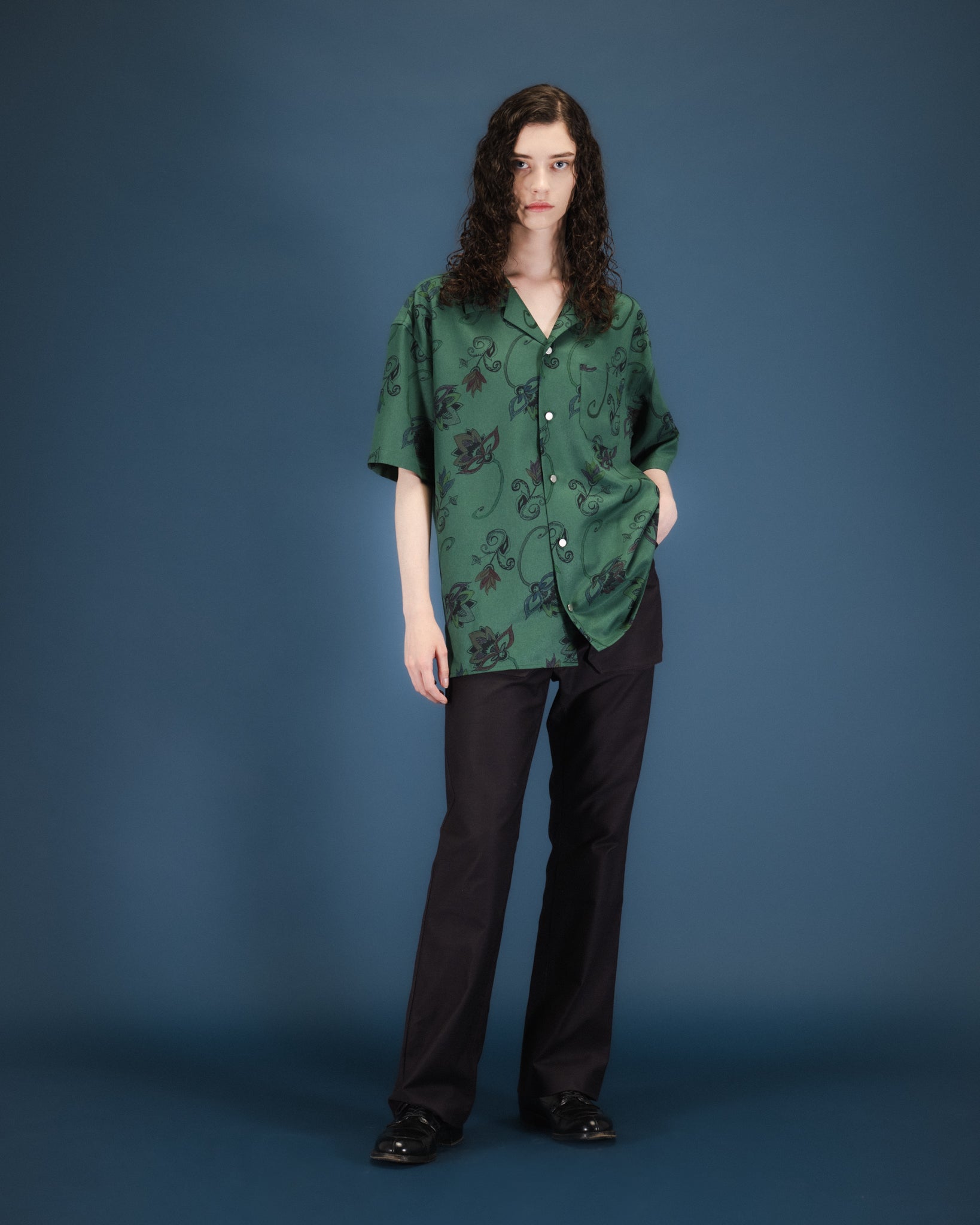 HAND-PAINTED BOTANICAL PRINT OPEN COLLAR SHIRTS - GREEN
