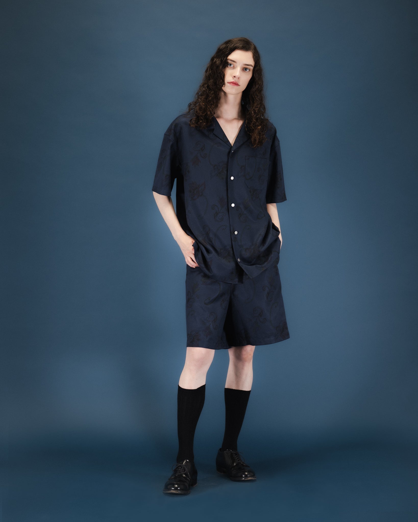 HAND-PAINTED BOTANICAL PRINT OPEN COLLAR SHIRTS - NAVY