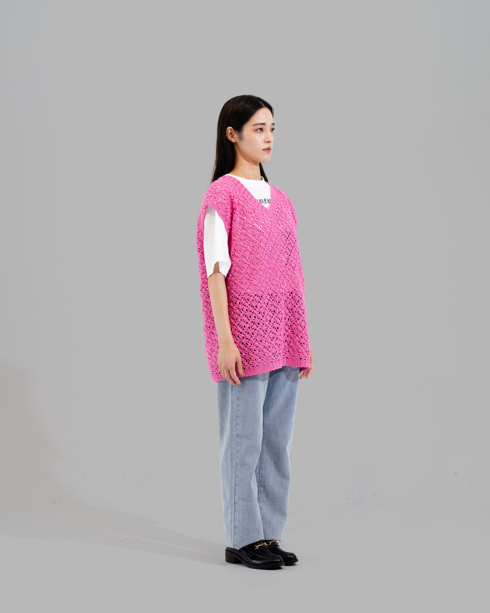 CROCHET HAND KNIT VEST - PINK