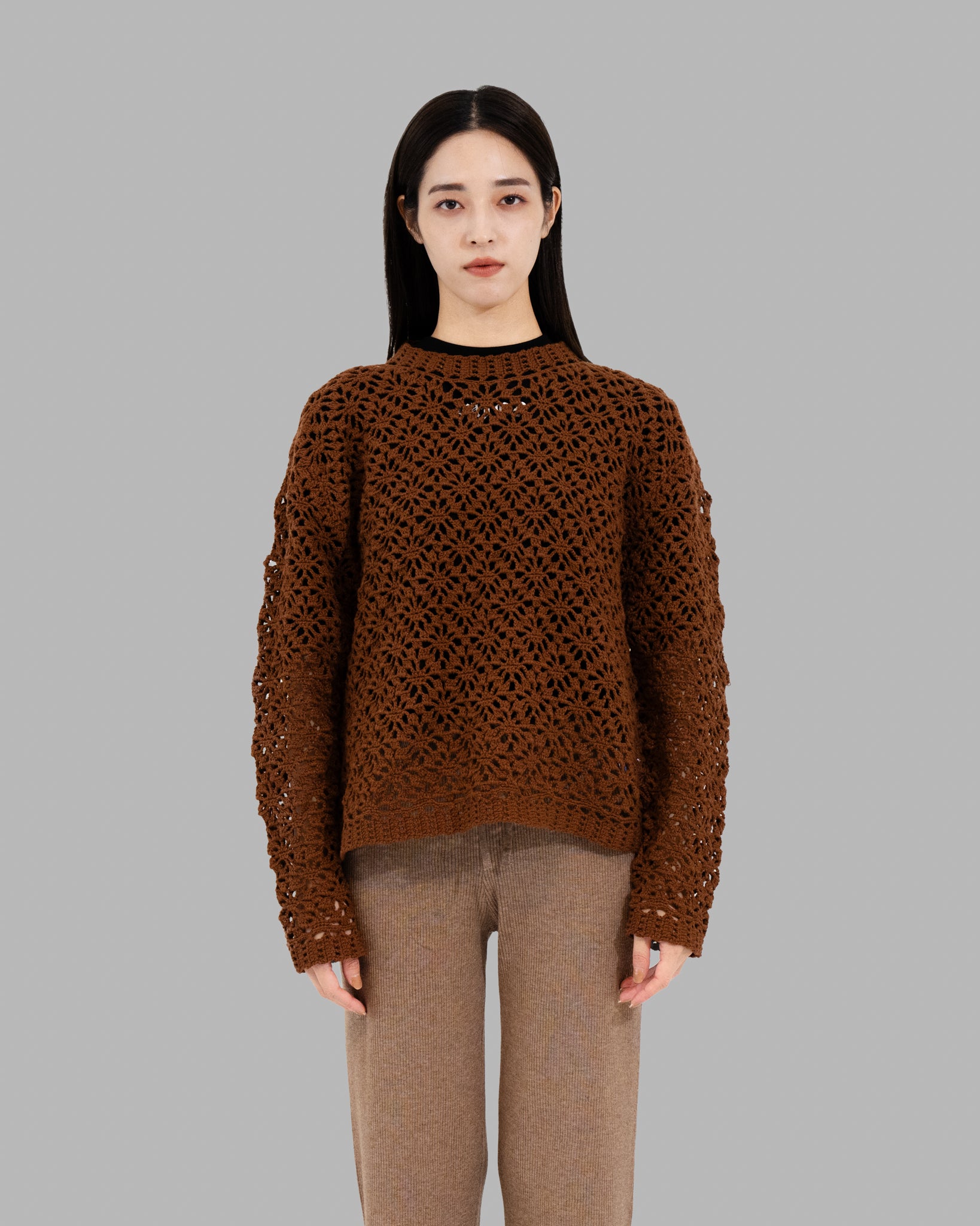 CROCHET HAND KNIT PULLOVER SWEATER - BROWN