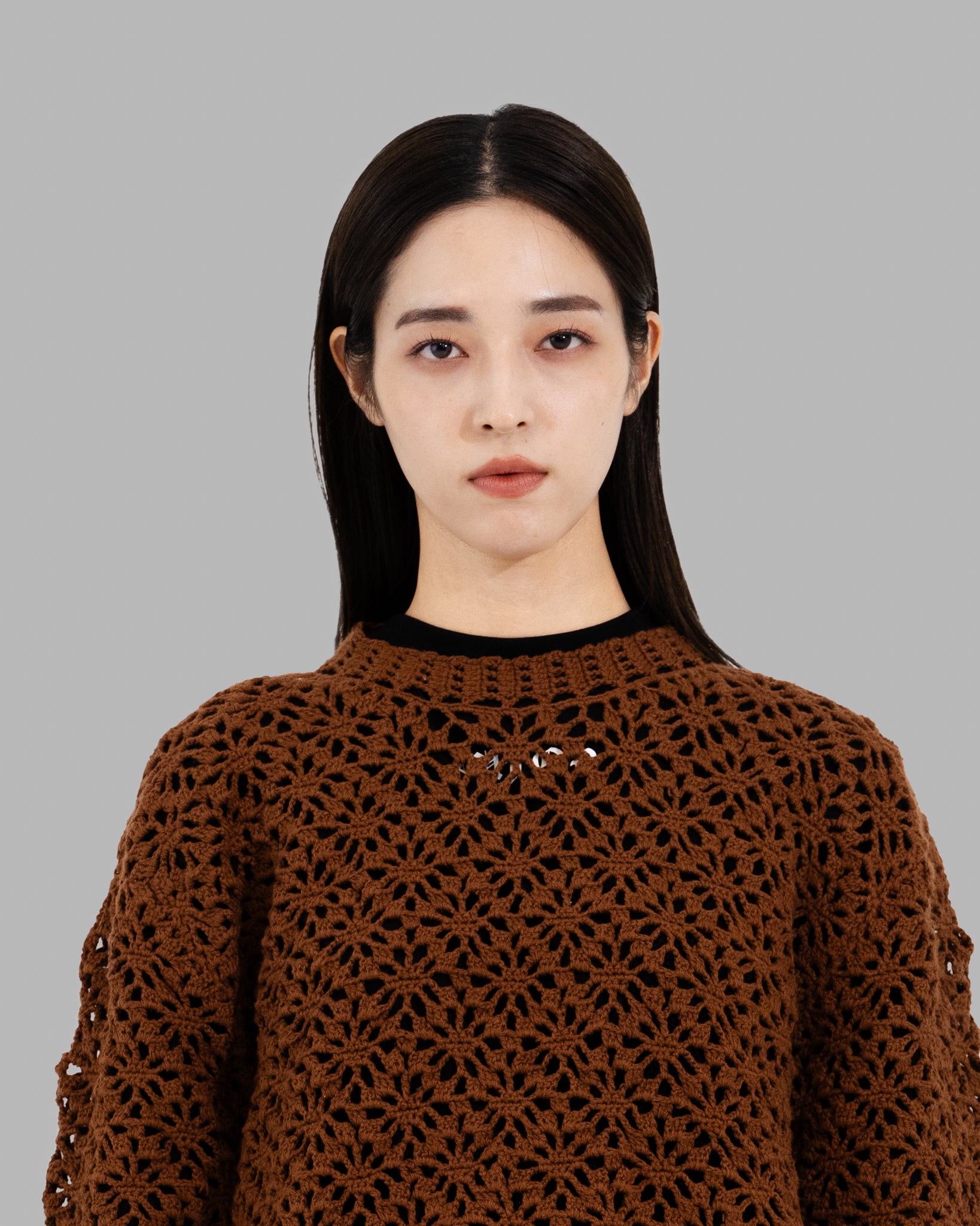 CROCHET HAND KNIT PULLOVER SWEATER - BROWN