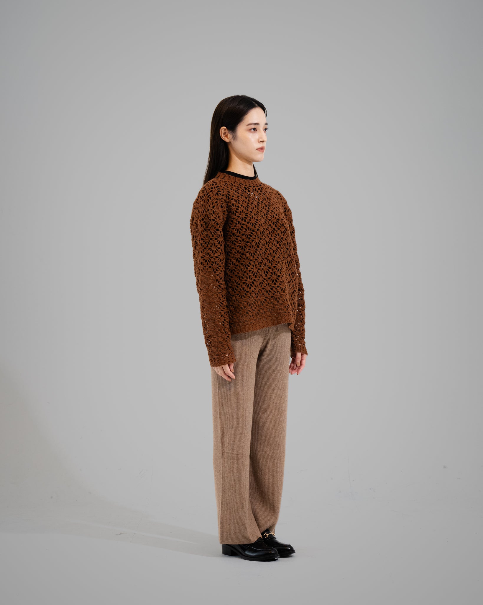 CROCHET HAND KNIT PULLOVER SWEATER - BROWN