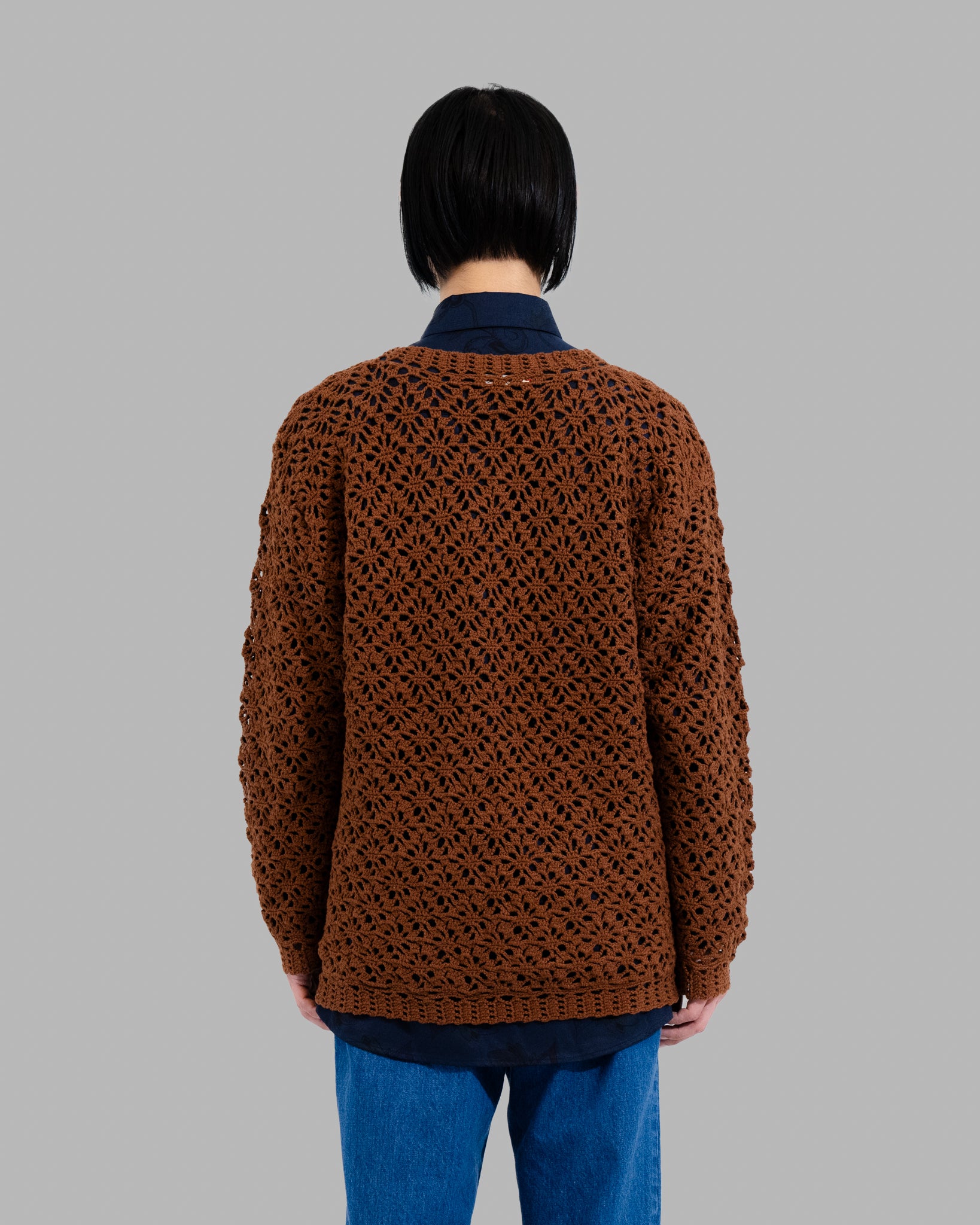CROCHET HAND KNIT PULLOVER SWEATER - BROWN