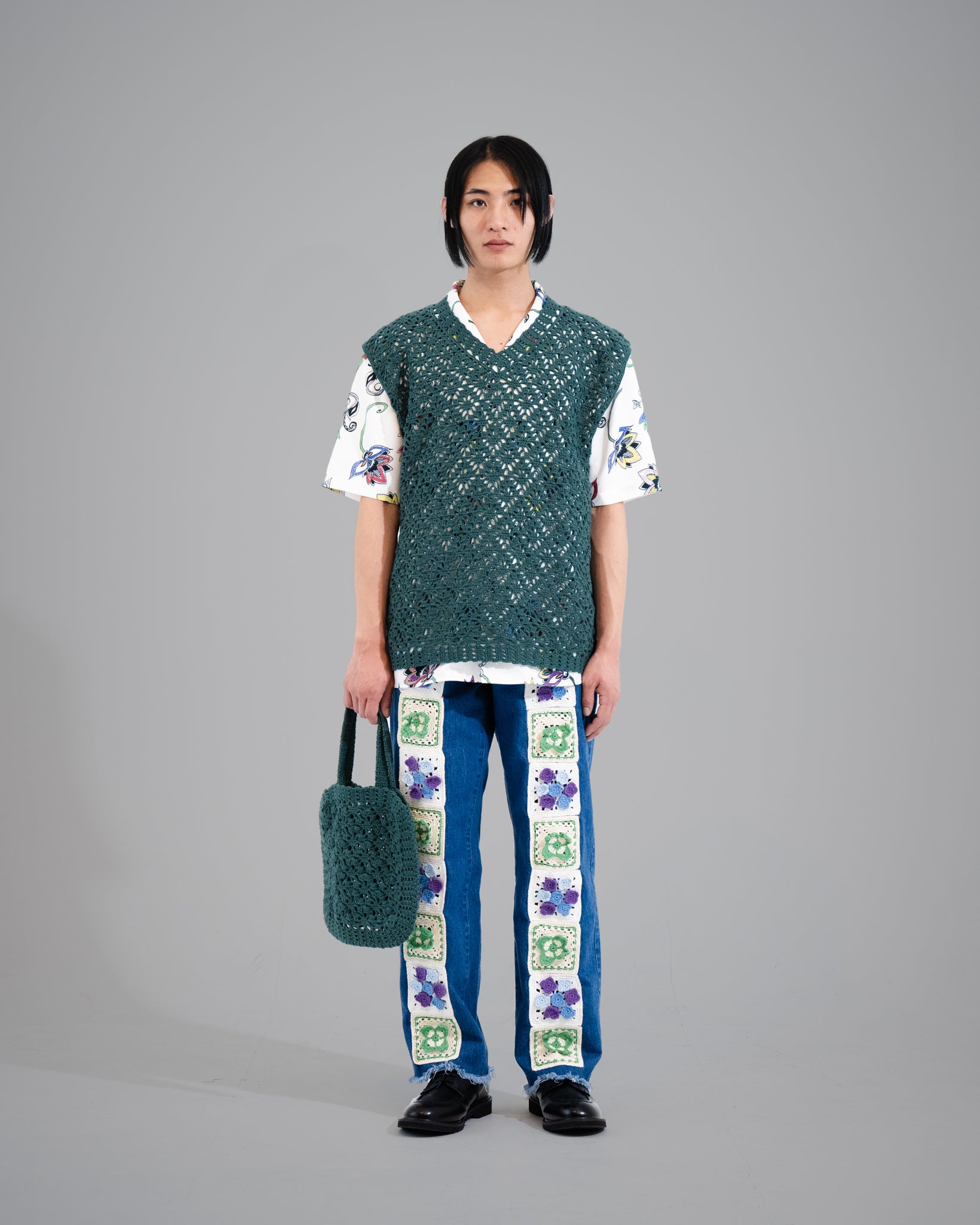 CROCHET HAND KNIT TOTE BAG - GREEN
