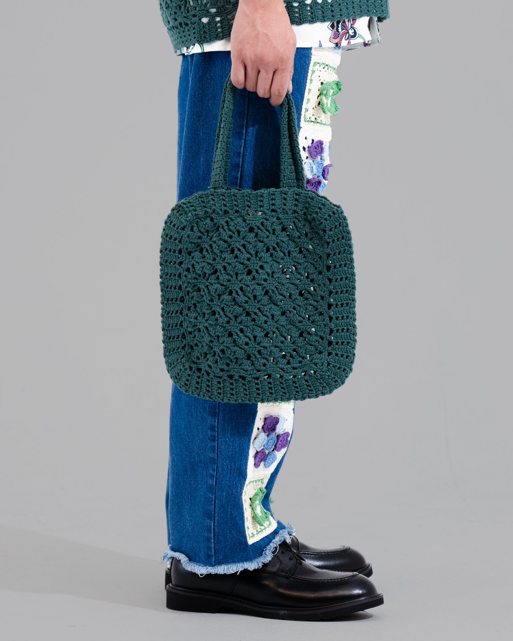 CROCHET HAND KNIT TOTE BAG - GREEN