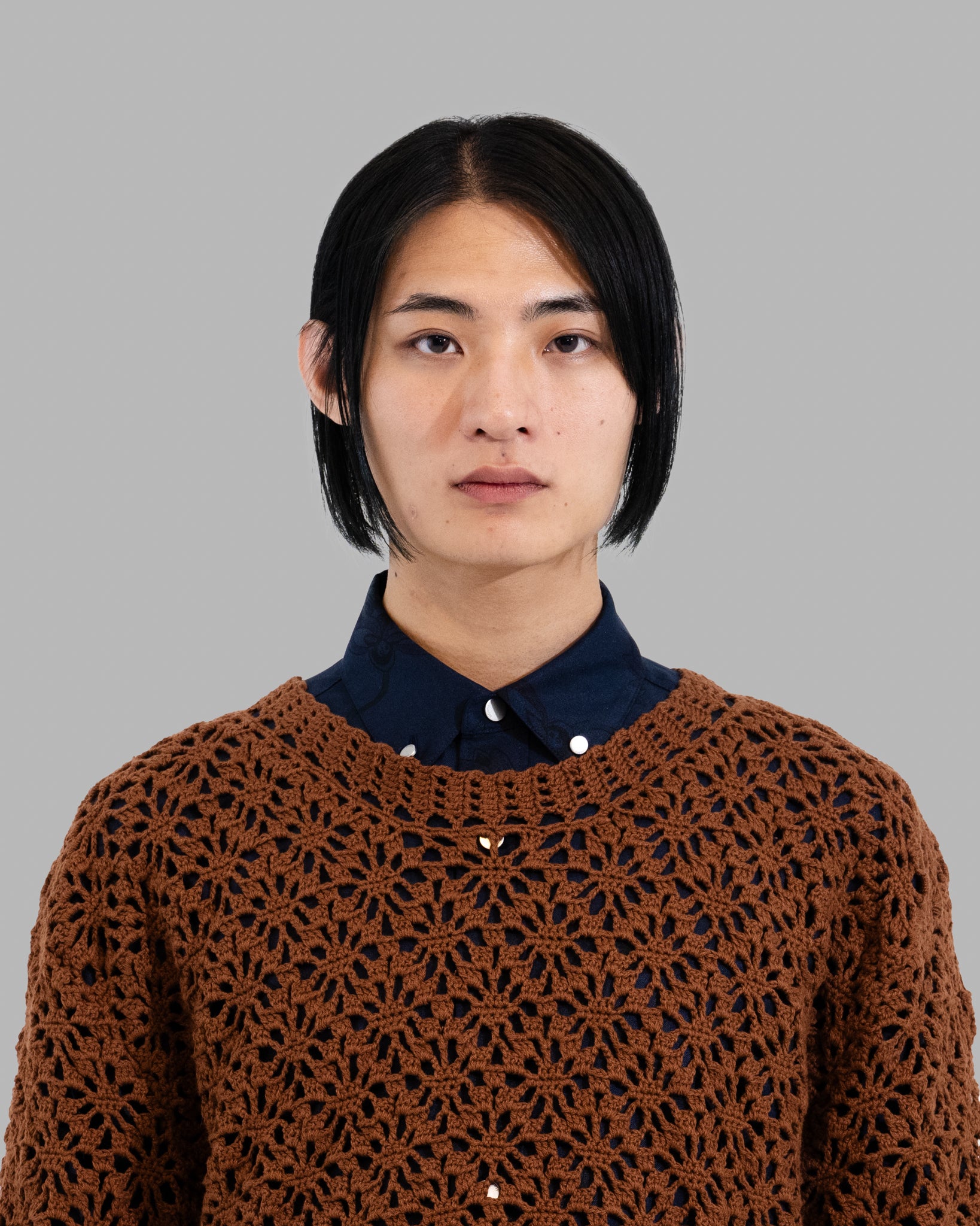 CROCHET HAND KNIT PULLOVER SWEATER - BROWN
