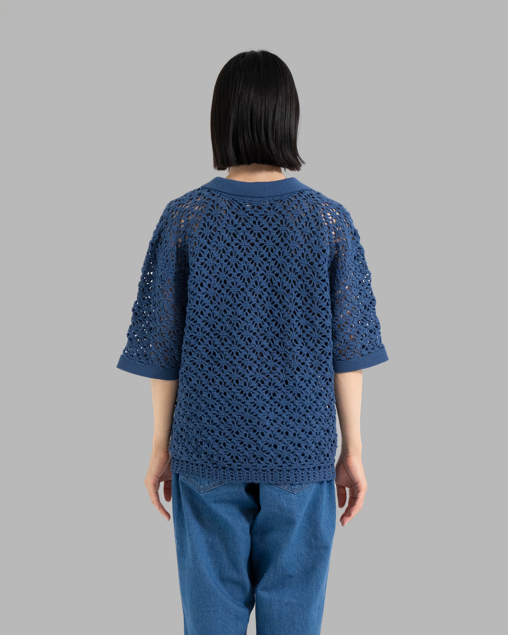CROCHET HAND KNIT SKIPPER POLO (JUST FIT) - DEEP BLUE