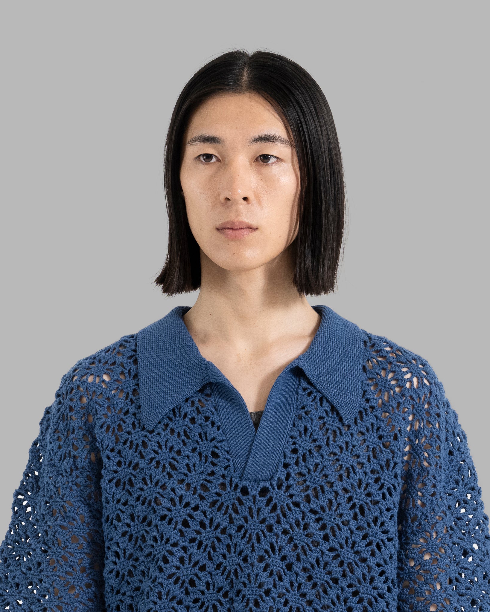 CROCHET HAND KNIT SKIPPER POLO (JUST FIT) - DEEP BLUE