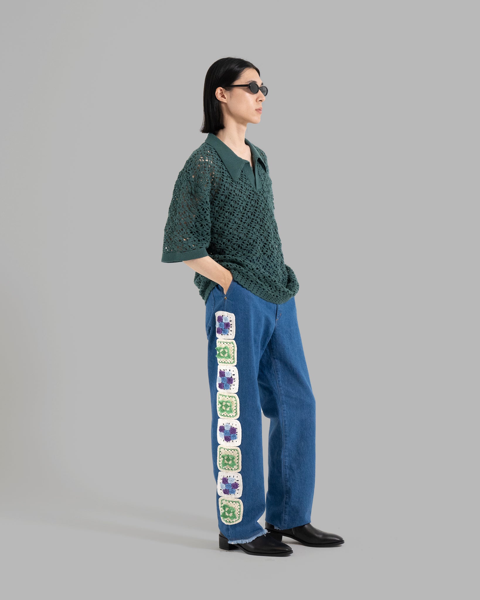 CROCHET HAND KNIT SKIPPER POLO (LOOSE FIT) - GREEN
