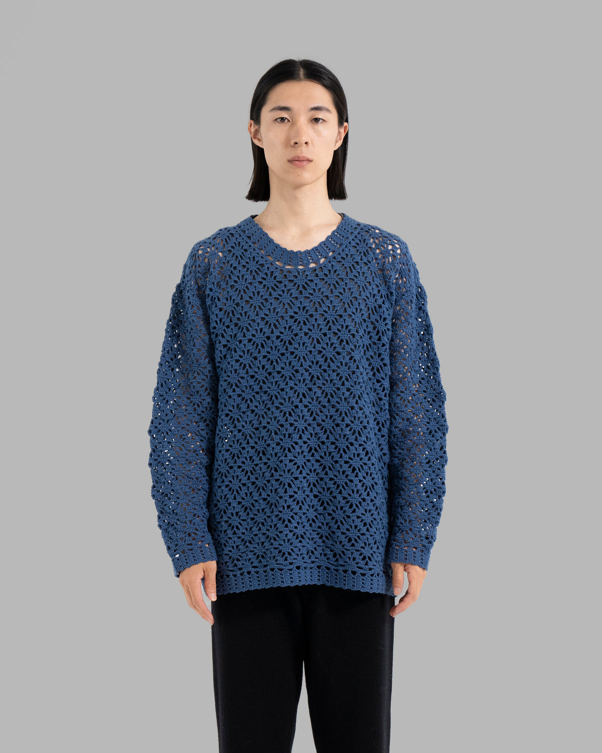 CROCHET HAND KNIT PULLOVER SWEATER - DEEP BLUE