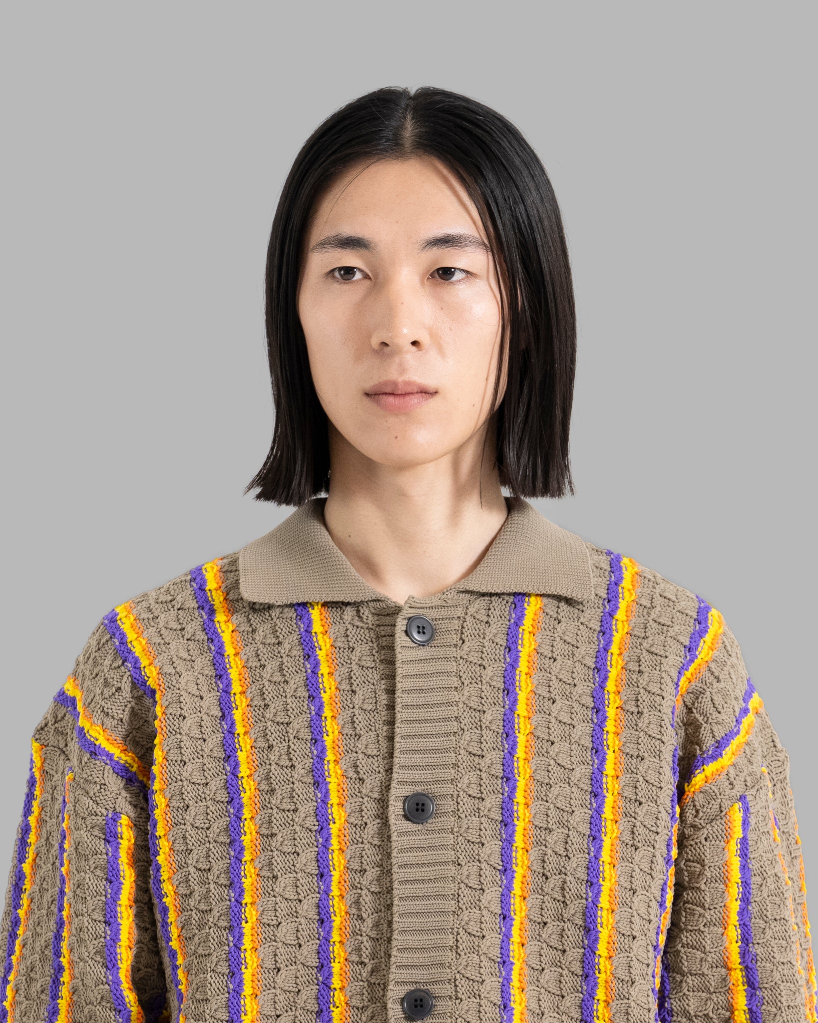 LOW GAUGE KNIT STRIPE SHIRTS CARDIGAN - CHARCOAL