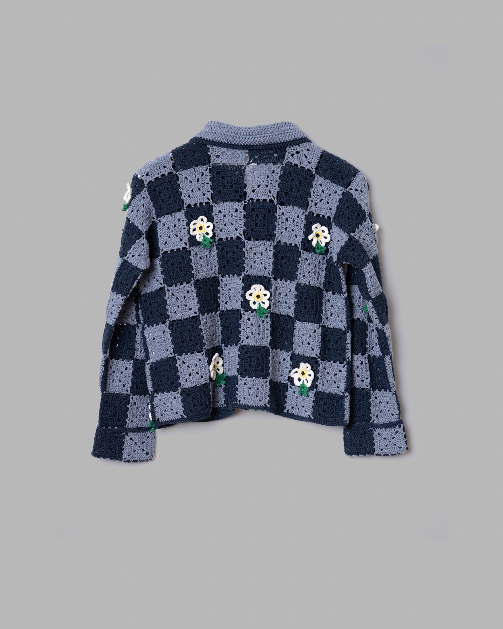 CROCHET FLOWER MOTIF HAND KNIT JACKET - NAVY / LIGHT BLUE