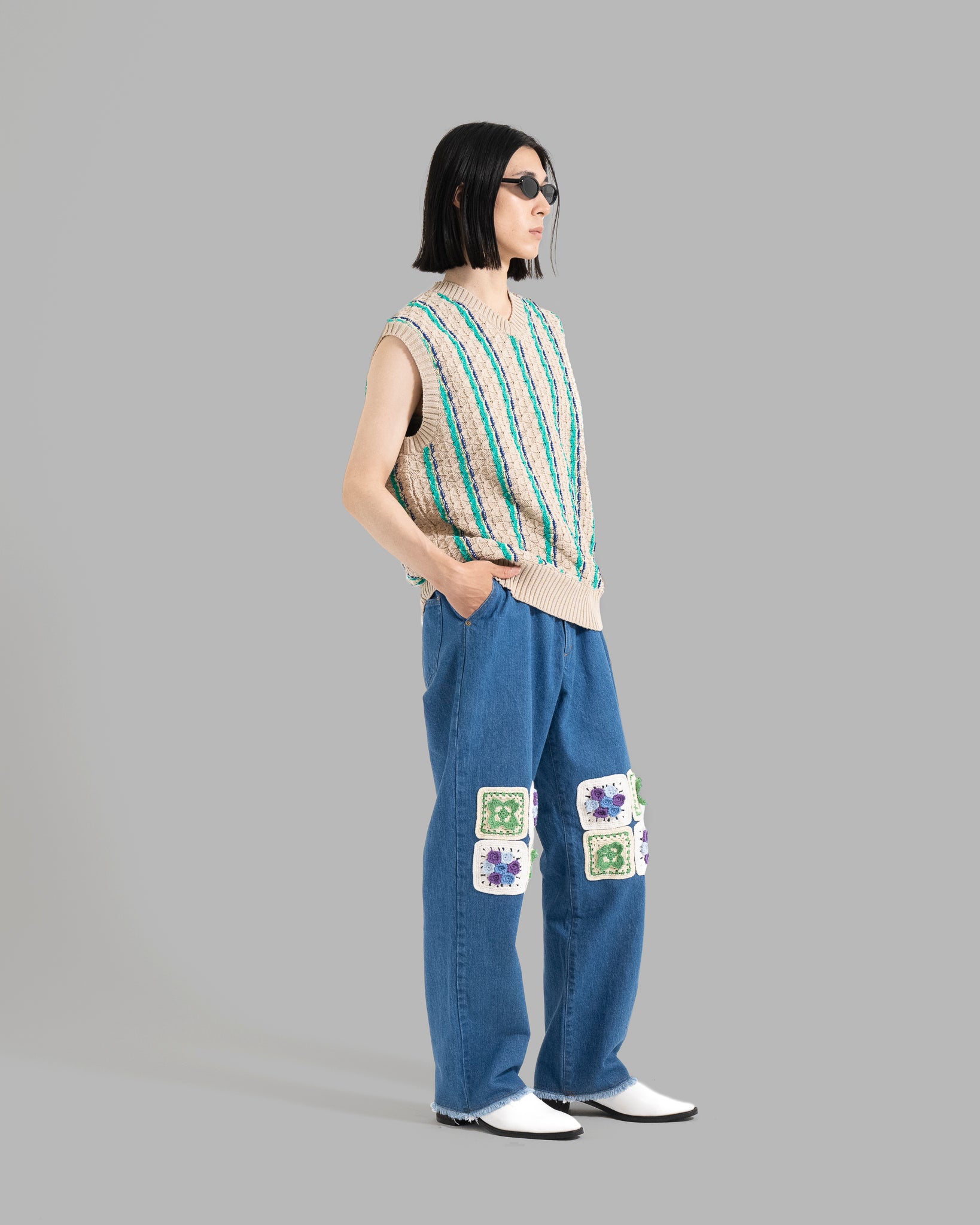 LOW GAUGE KNIT STRIPE VEST - BEIGE