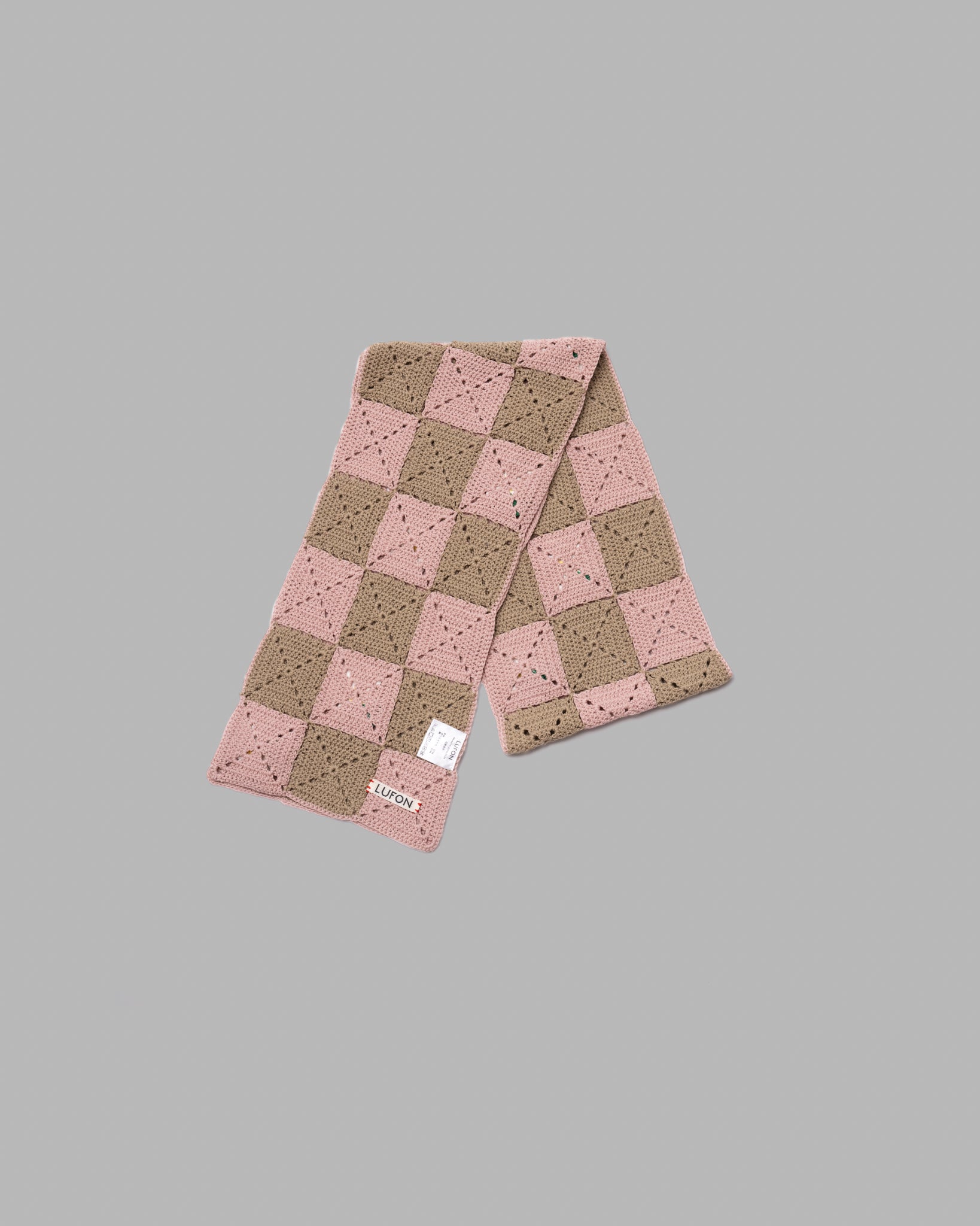 CROCHET FLOWER MOTIF HAND KNIT STOLE - PINK / BEIGE