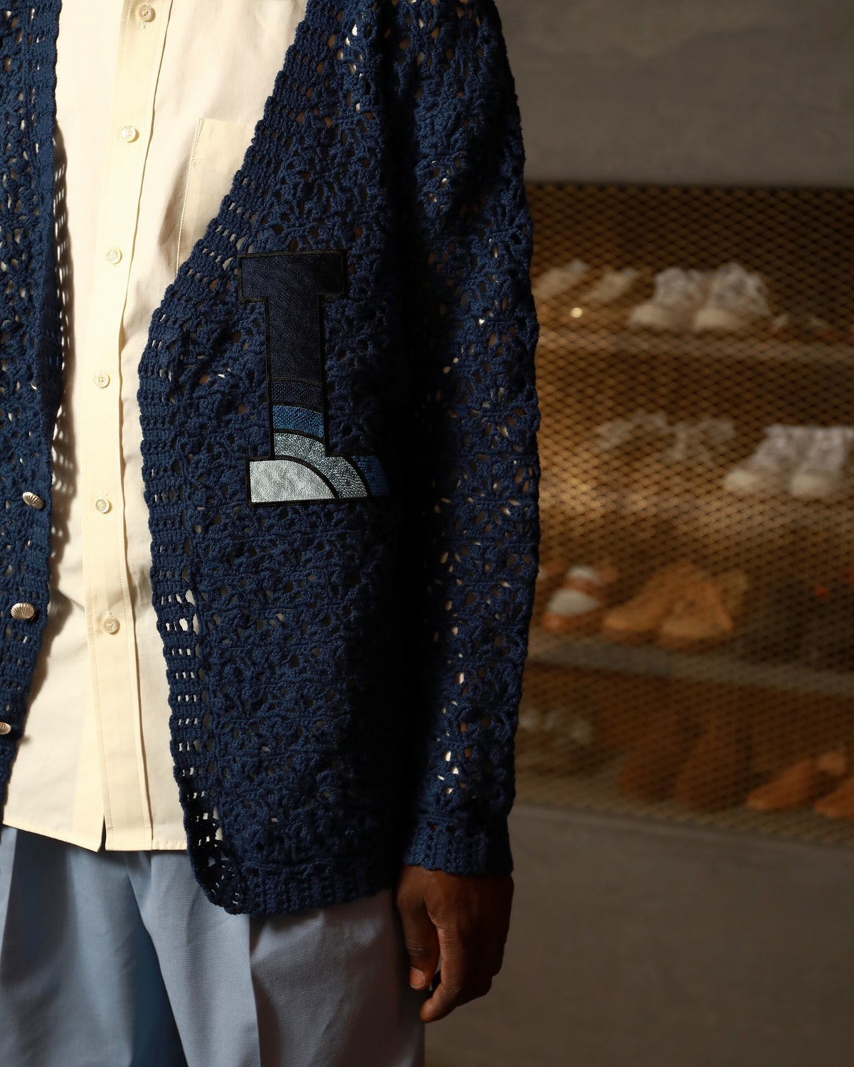 CROCHET HAND KNIT CARDIGAN "L" - NAVY