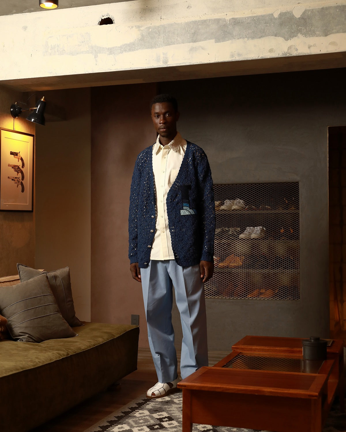 CROCHET HAND KNIT CARDIGAN "L" - NAVY