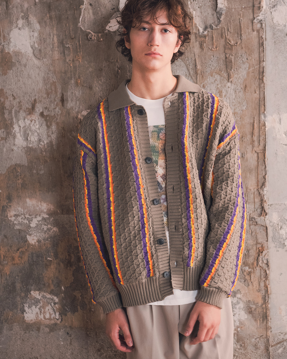 LOW GAUGE KNIT STRIPE SHIRTS CARDIGAN - CHARCOAL