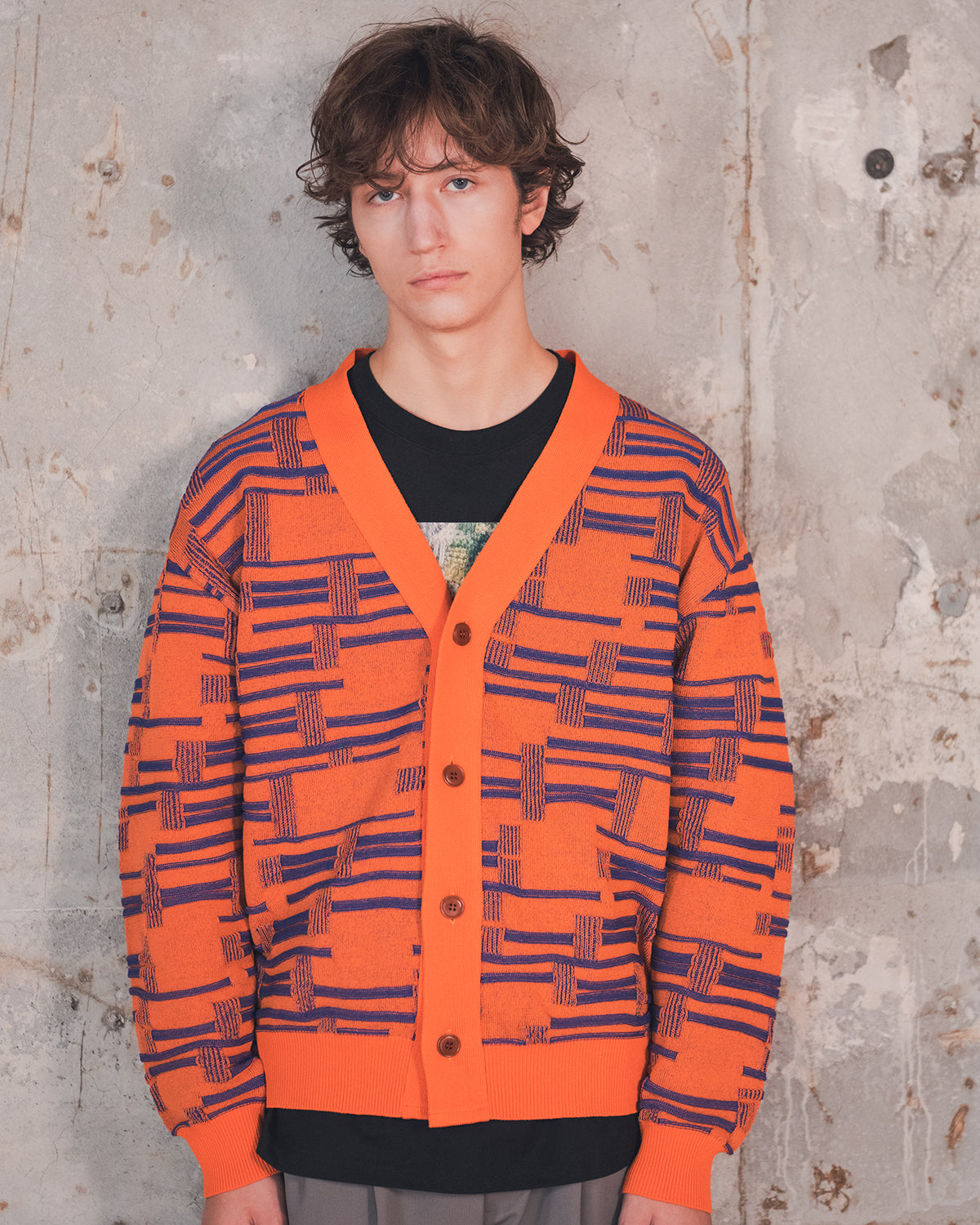 DEFORMATION BORDER KNIT CARDIGAN - ORANGE/BLUE