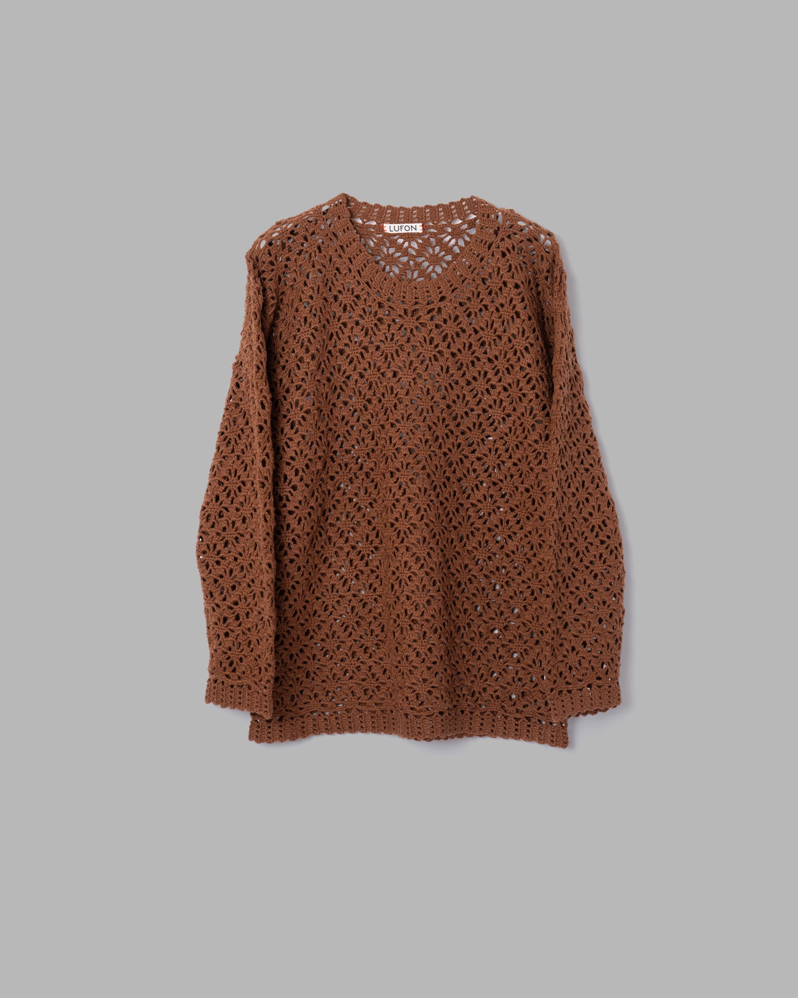 CROCHET HAND KNIT PULLOVER SWEATER - BROWN