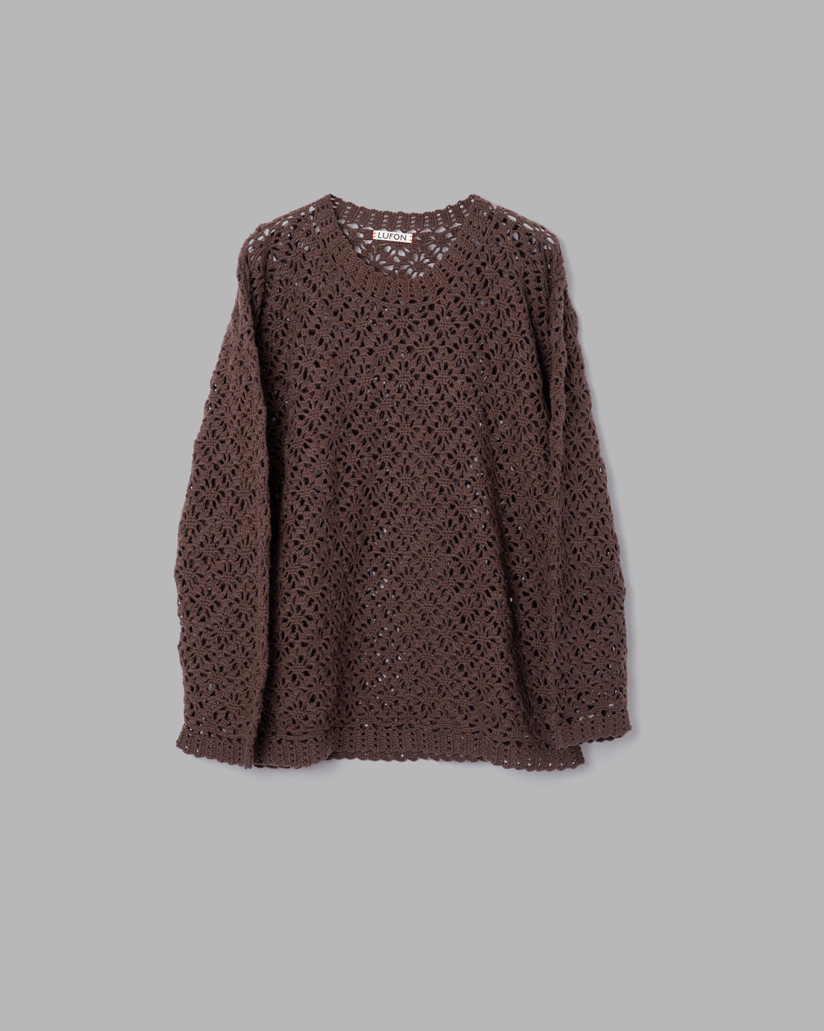 CROCHET HAND KNIT PULLOVER SWEATER - COFFEE
