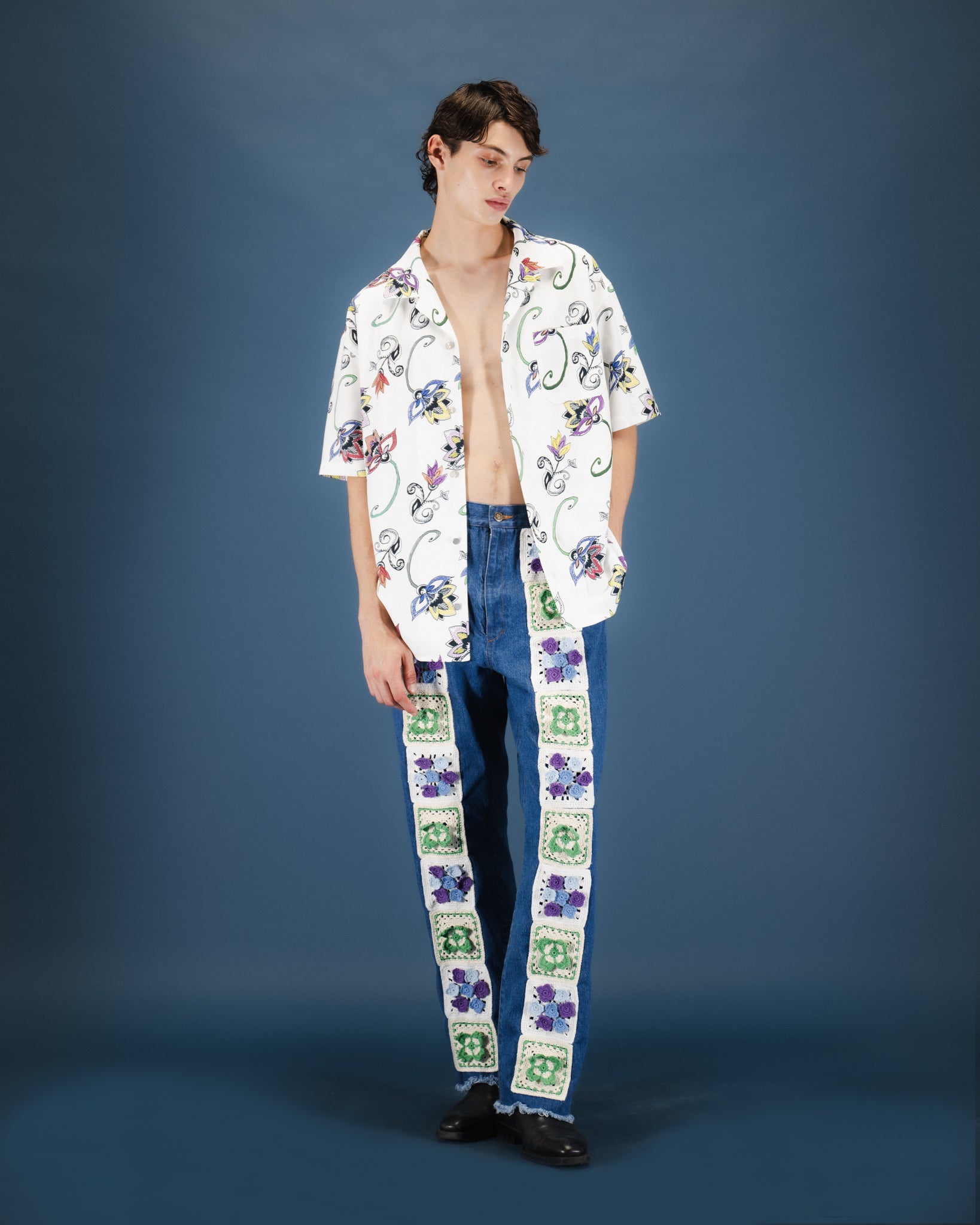 HAND-PAINTED BOTANICAL PRINT OPEN COLLAR SHIRTS - WHITE