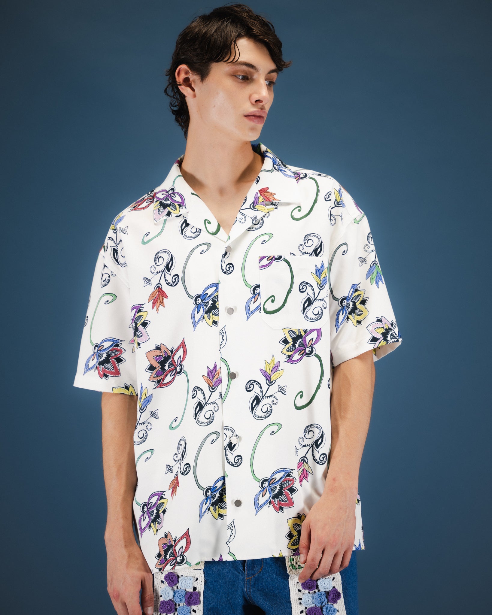 HAND-PAINTED BOTANICAL PRINT OPEN COLLAR SHIRTS - WHITE