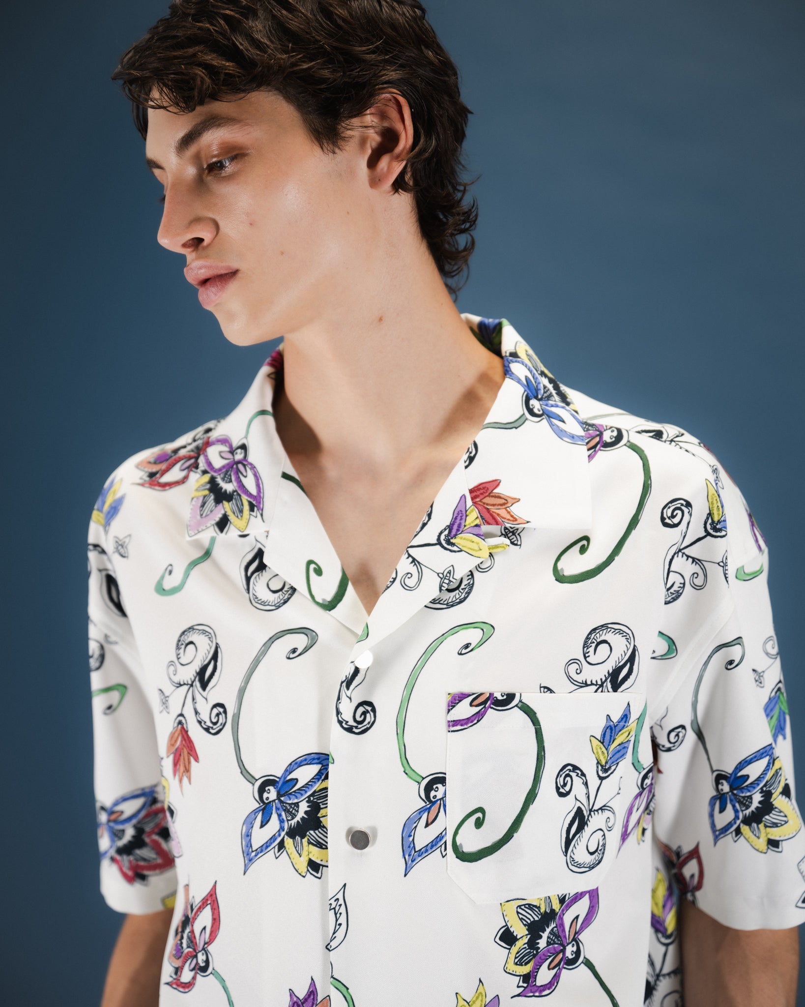 HAND-PAINTED BOTANICAL PRINT OPEN COLLAR SHIRTS - WHITE