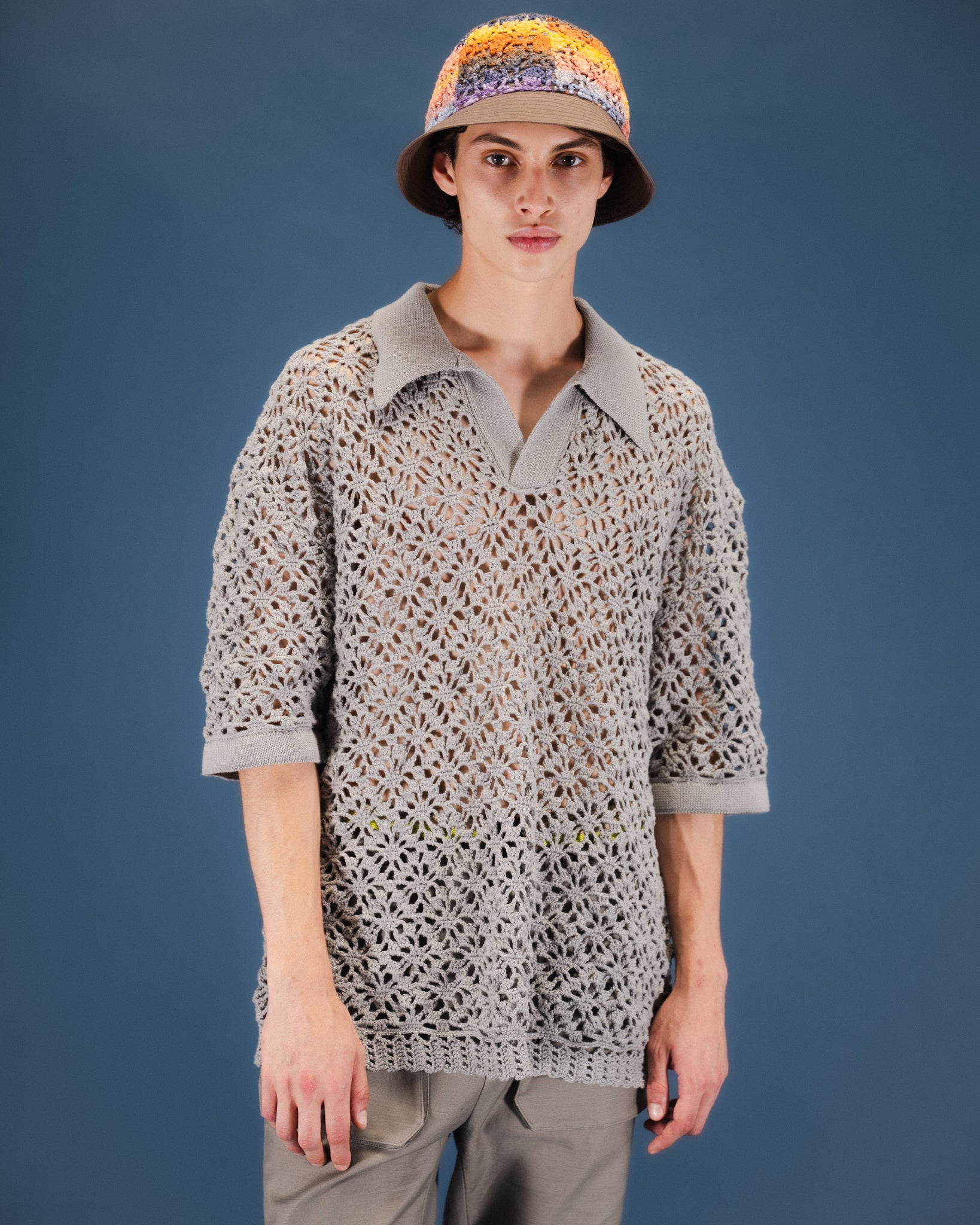 CROCHET HAND KNIT SKIPPER POLO (LOOSE FIT) -  GREY