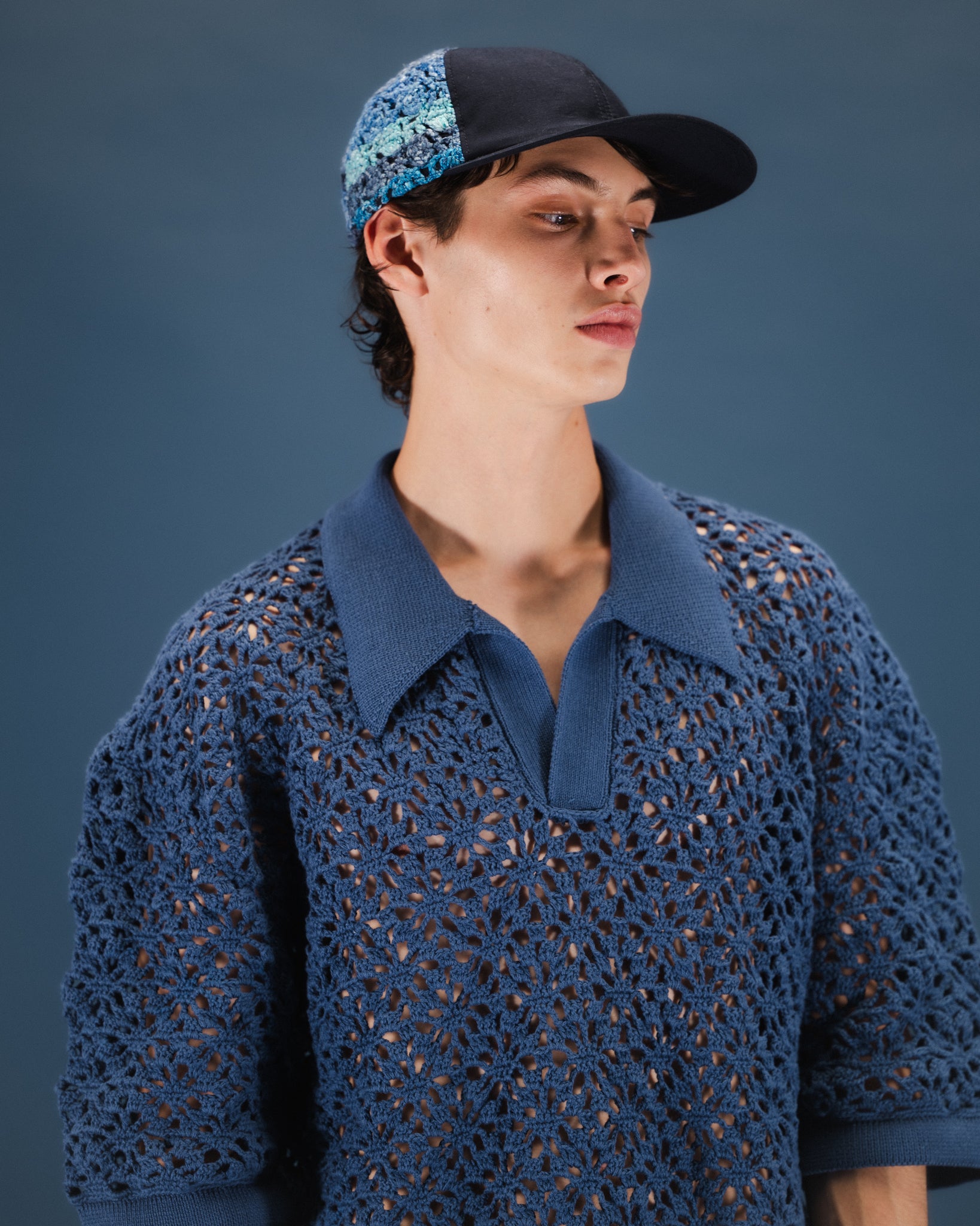 CROCHET HAND KNIT SKIPPER POLO (LOOSE FIT) -  DEEP BLUE