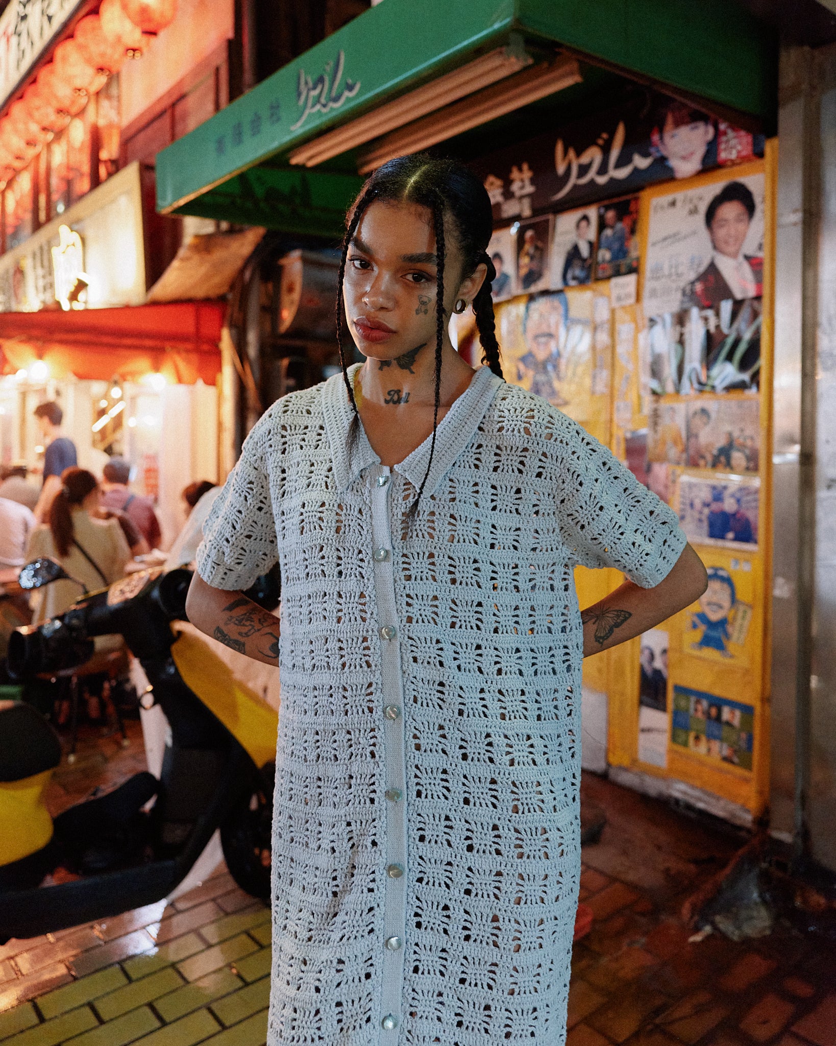 CROCHET HAND KNIT S/S MAXI ONE-PIECE - LIGHT BLUE