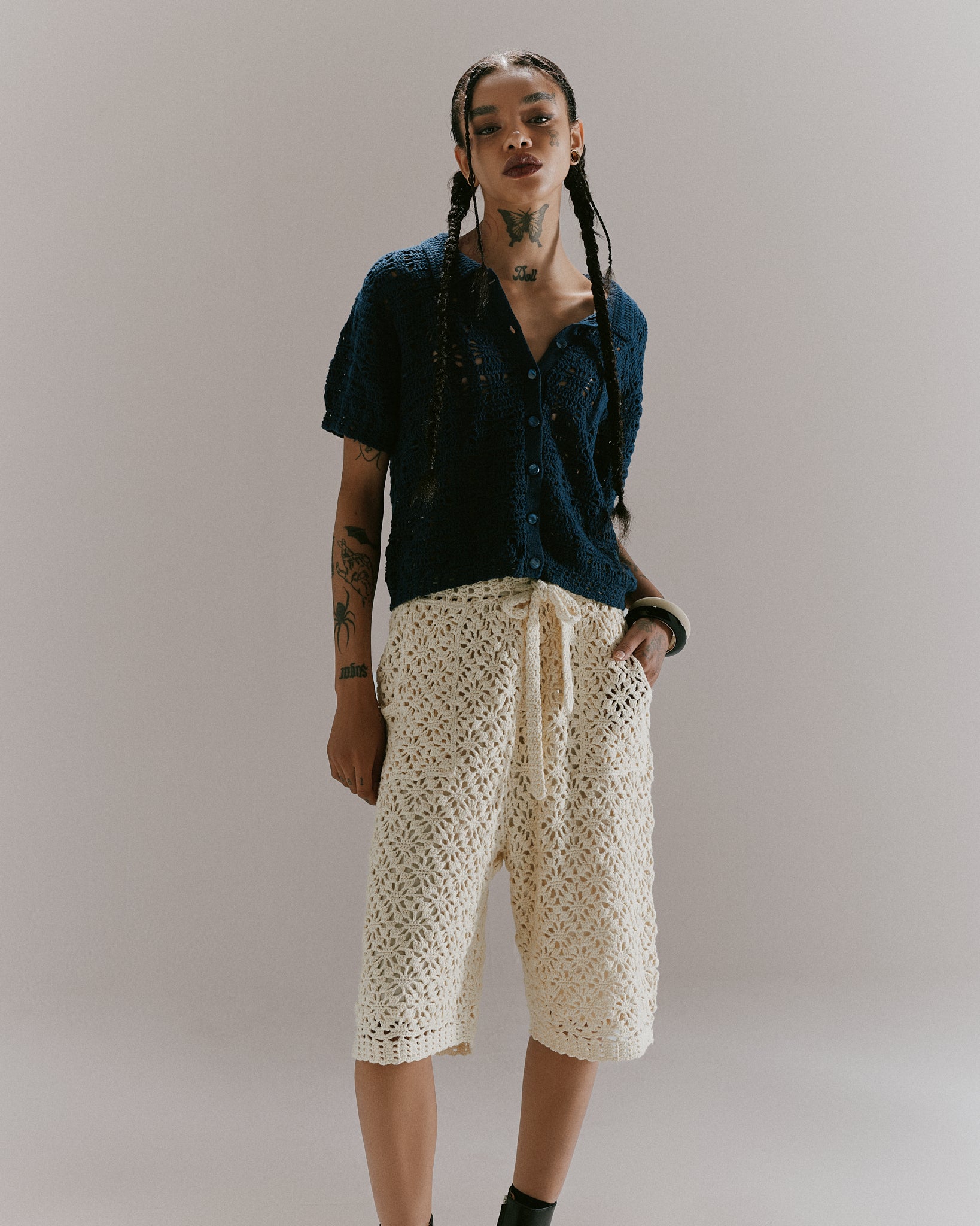 CROCHET HAND KNIT SHIRTS - SLATE BLUE