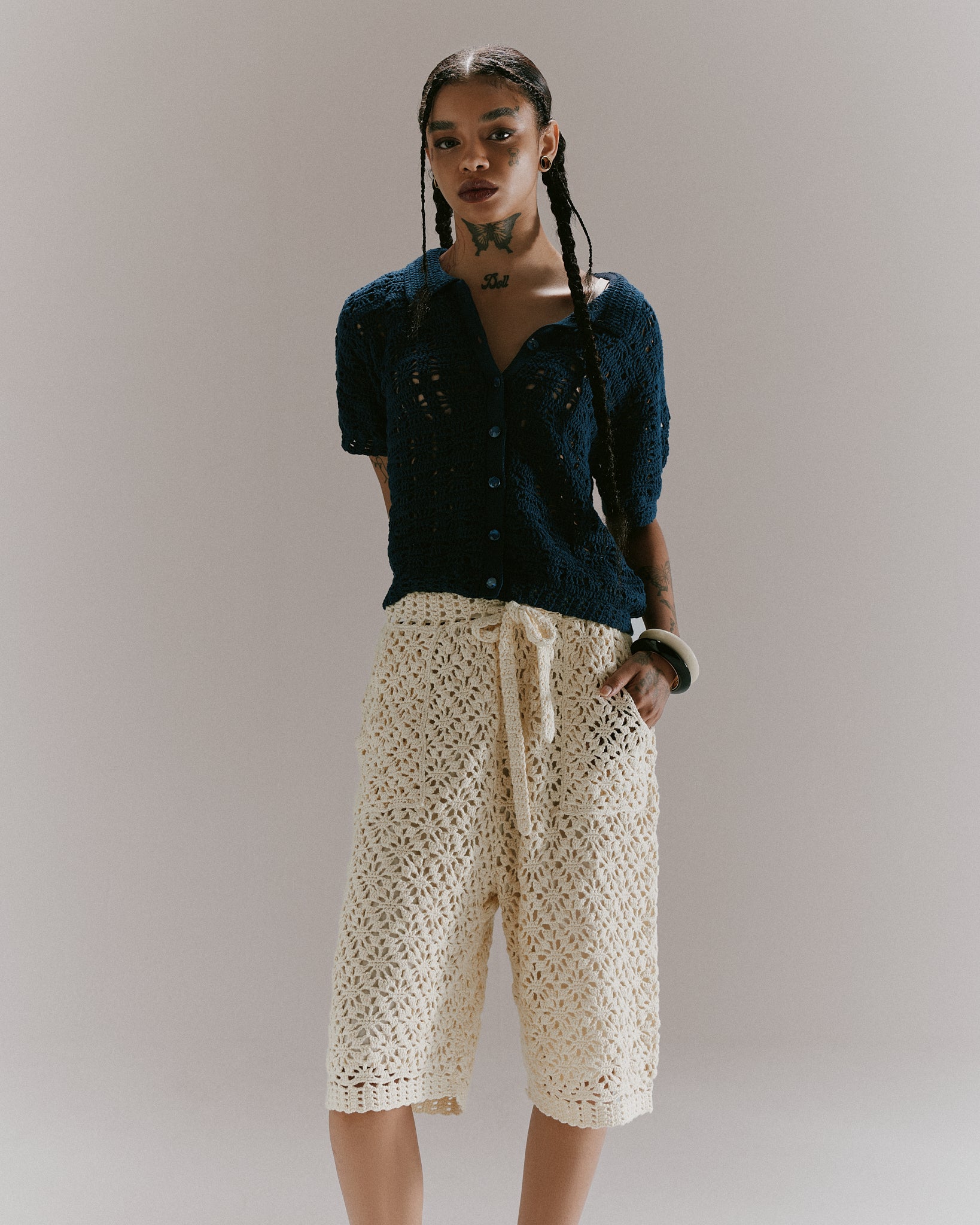 Crochet Hand Knit Short Pants --OFF WHITE