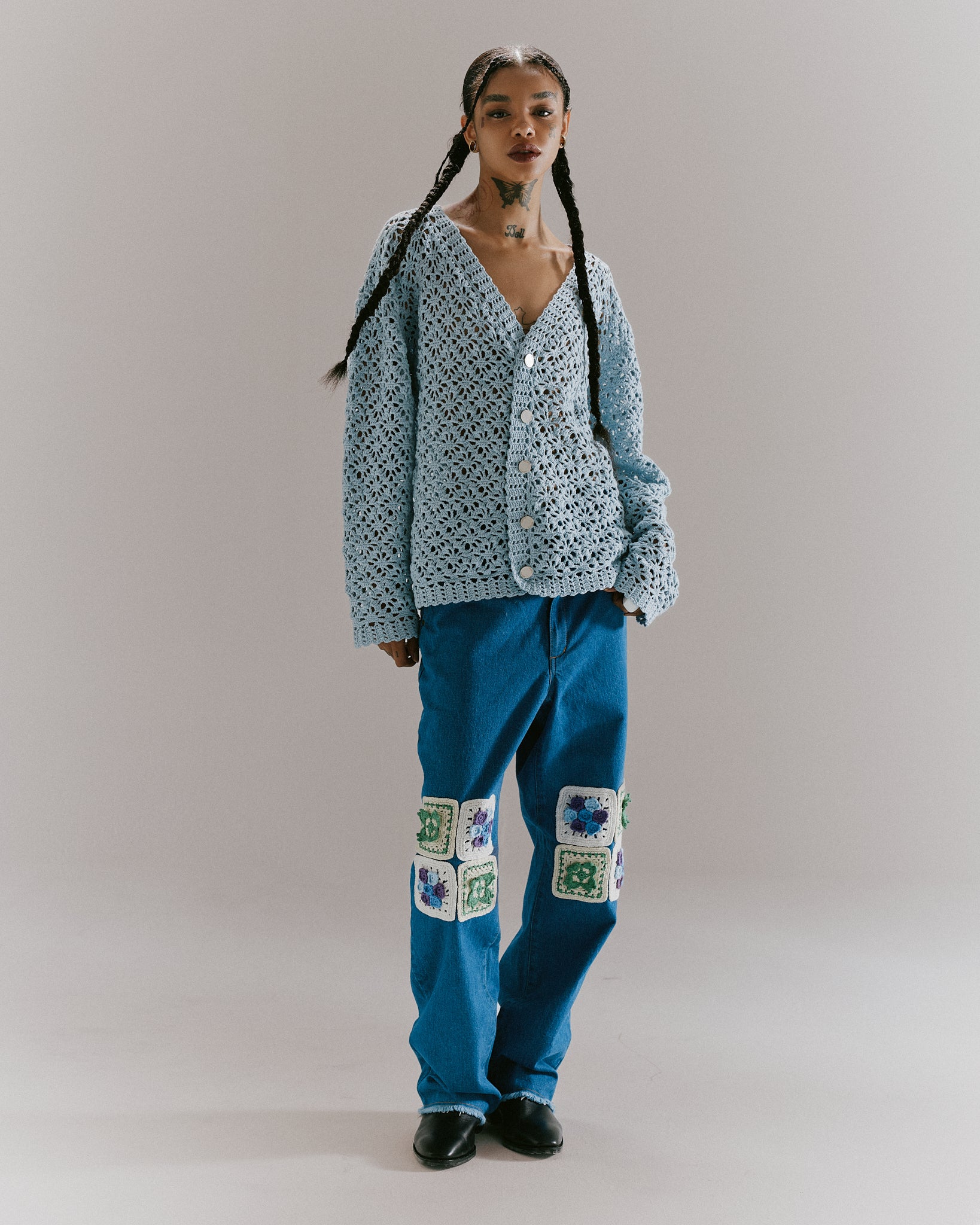 CROCHET HAND KNIT CARDIGAN -  LIGHT BLUE