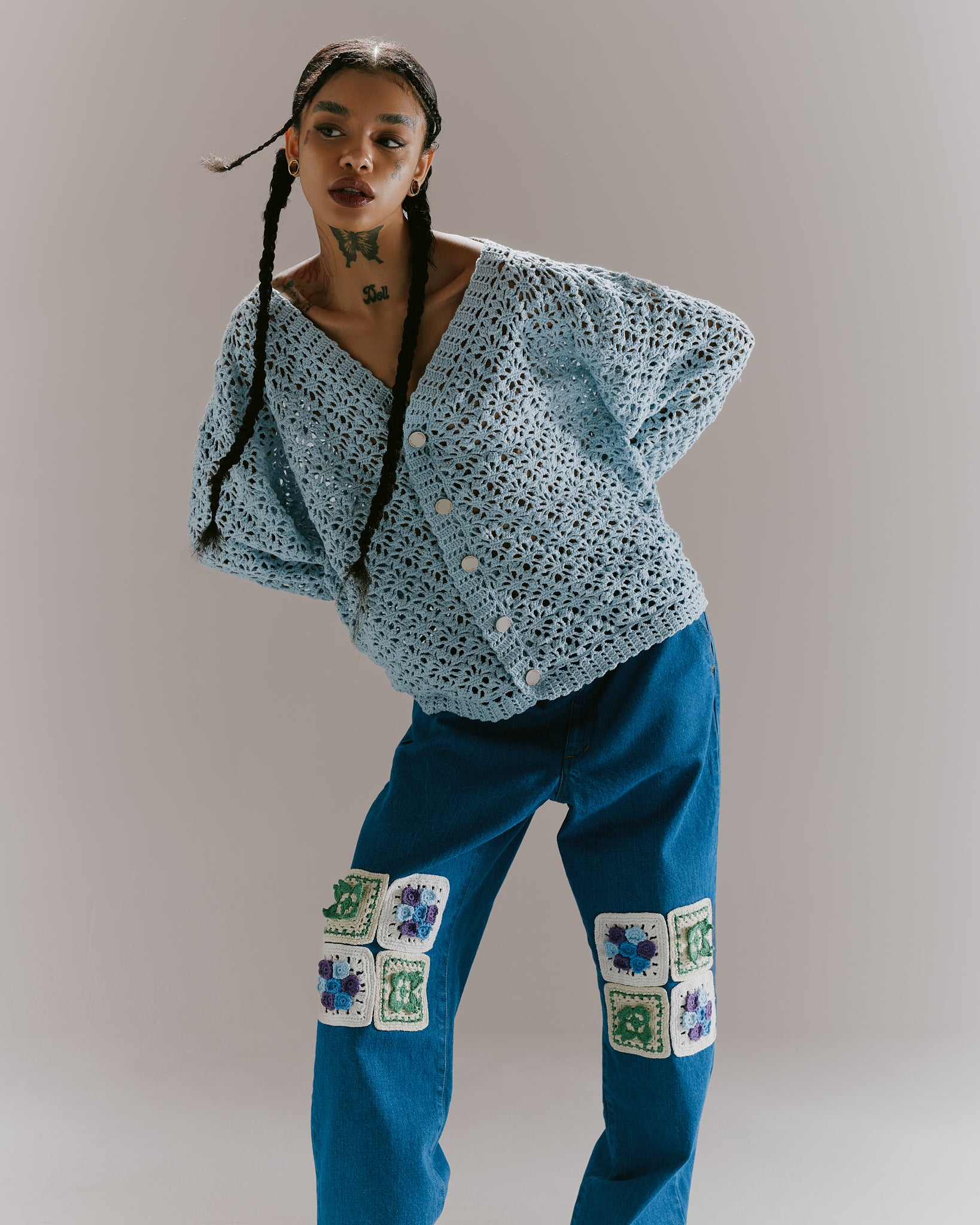 Crochet Hand Knit Cardigan -Light Blue