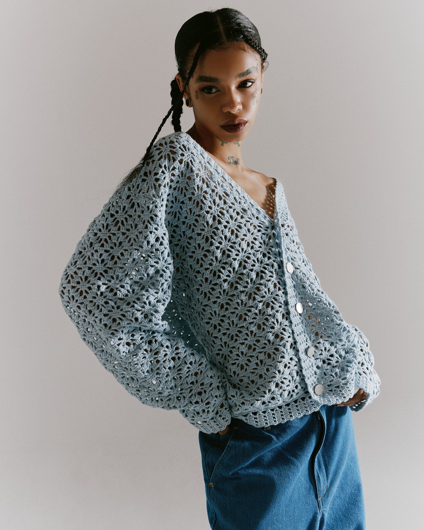 Crochet Hand Knit Cardigan -Light Blue
