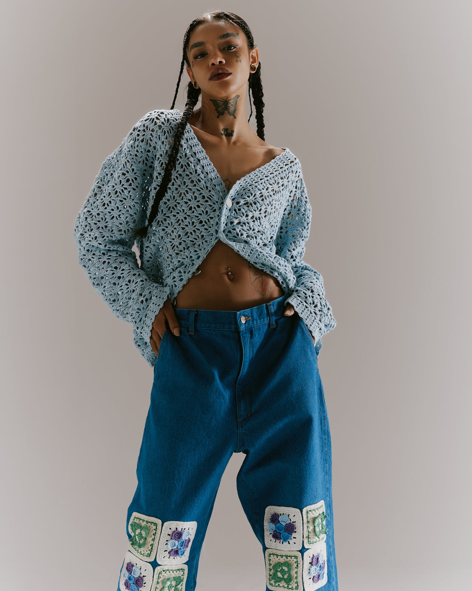 Crochet Hand Knit Cardigan -Light Blue