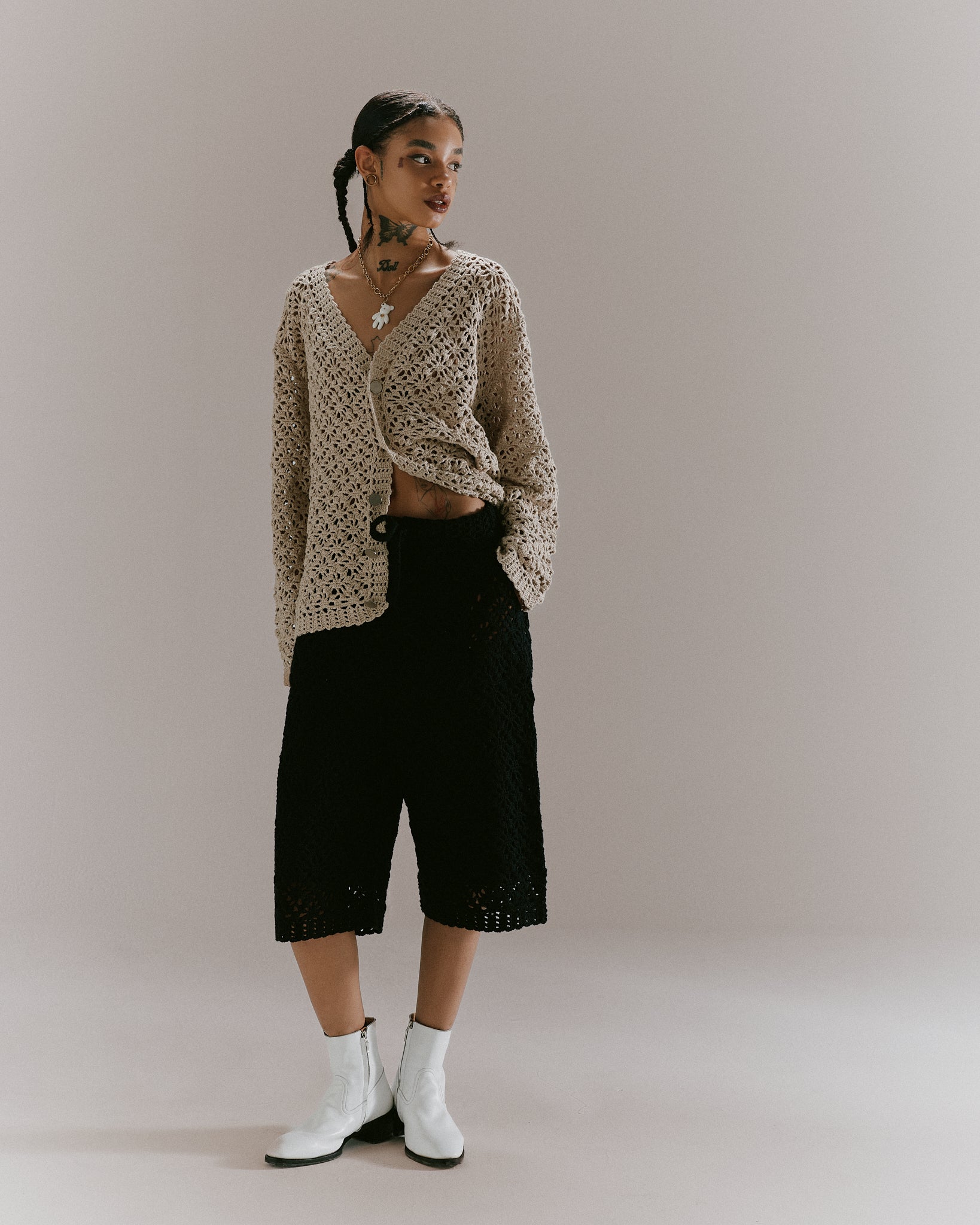 CROCHET HAND KNIT CARDIGAN -  LIGHT BEIGE