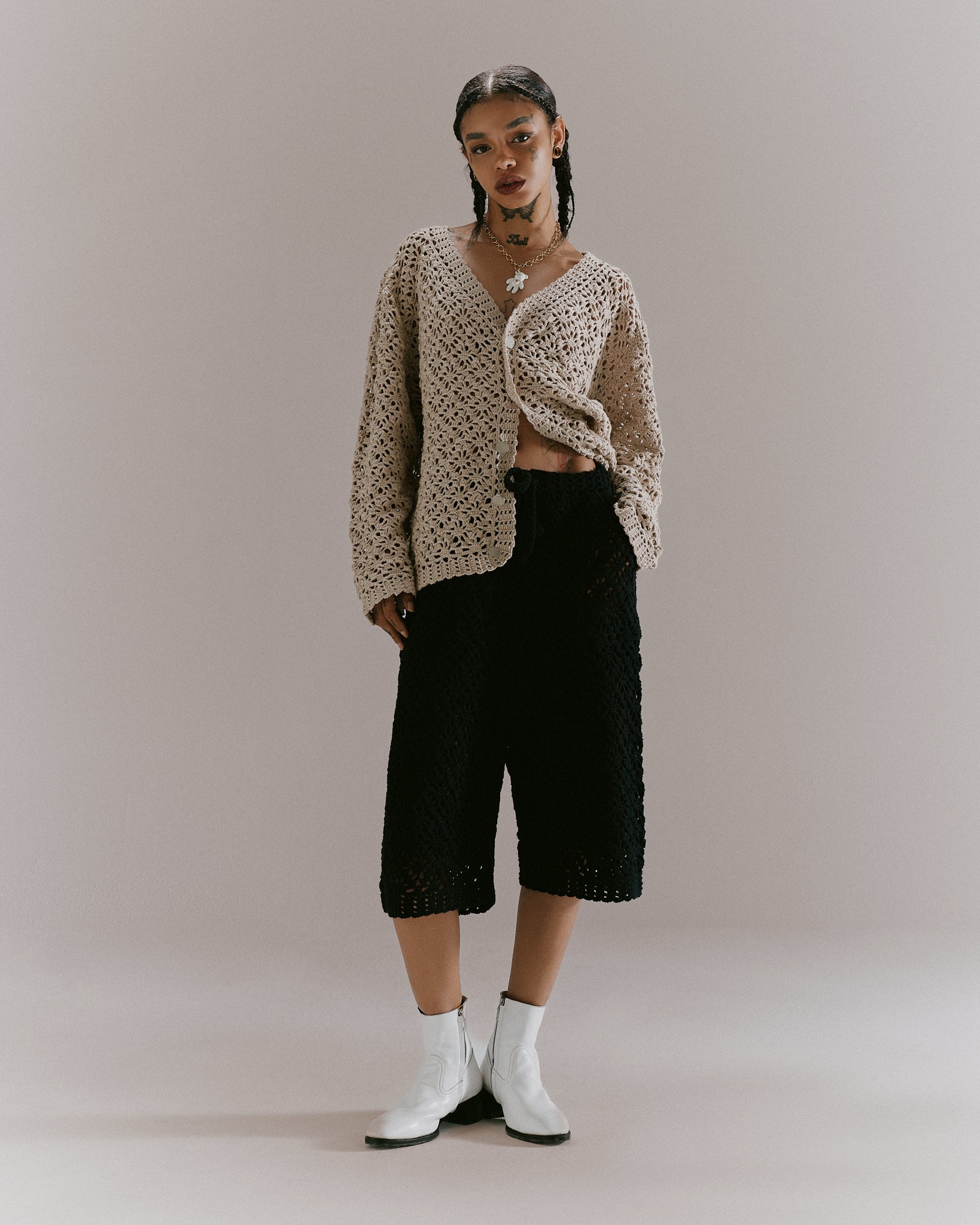 CROCHET HAND KNIT CARDIGAN -  LIGHT BEIGE