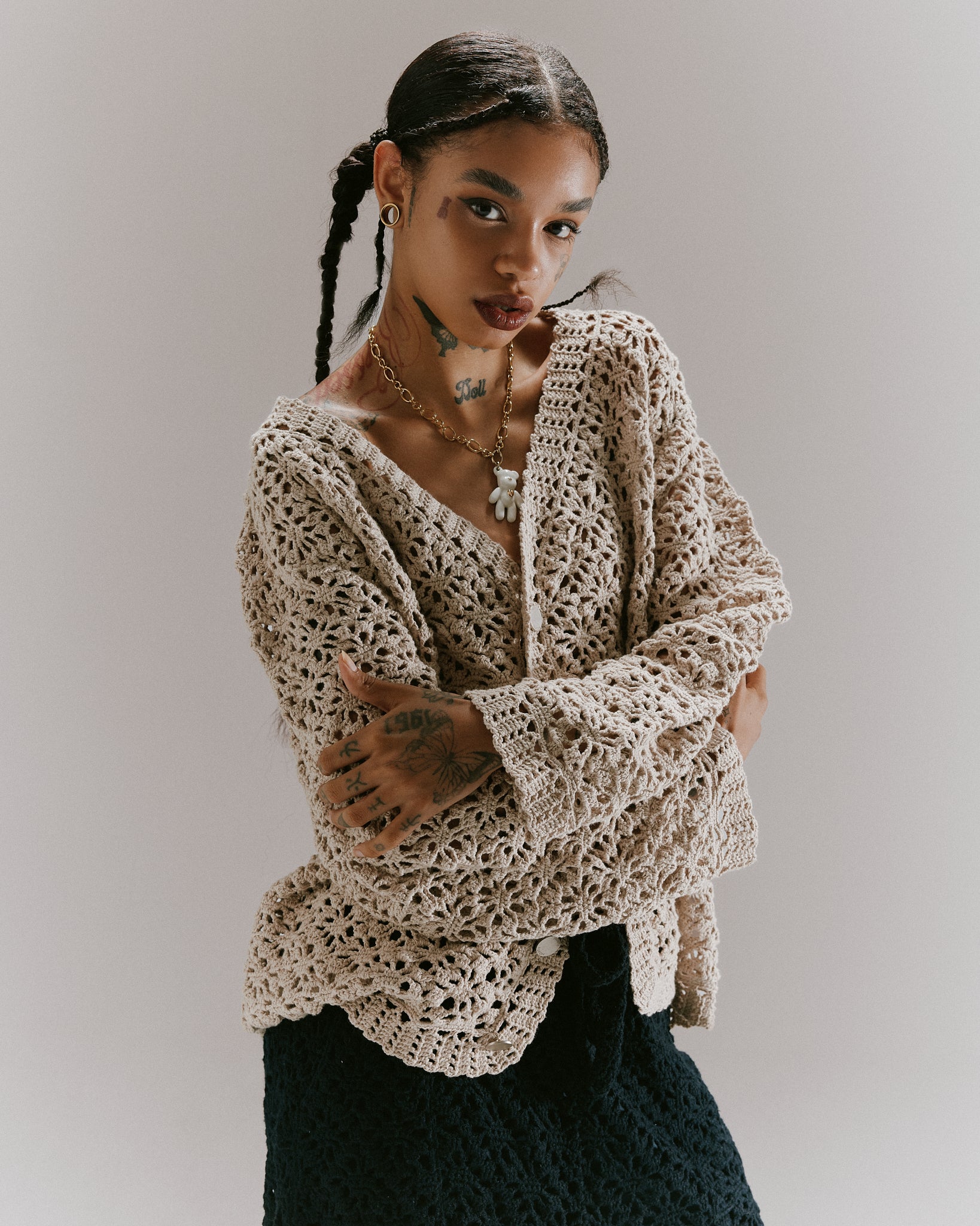 CROCHET HAND KNIT CARDIGAN -  LIGHT BEIGE