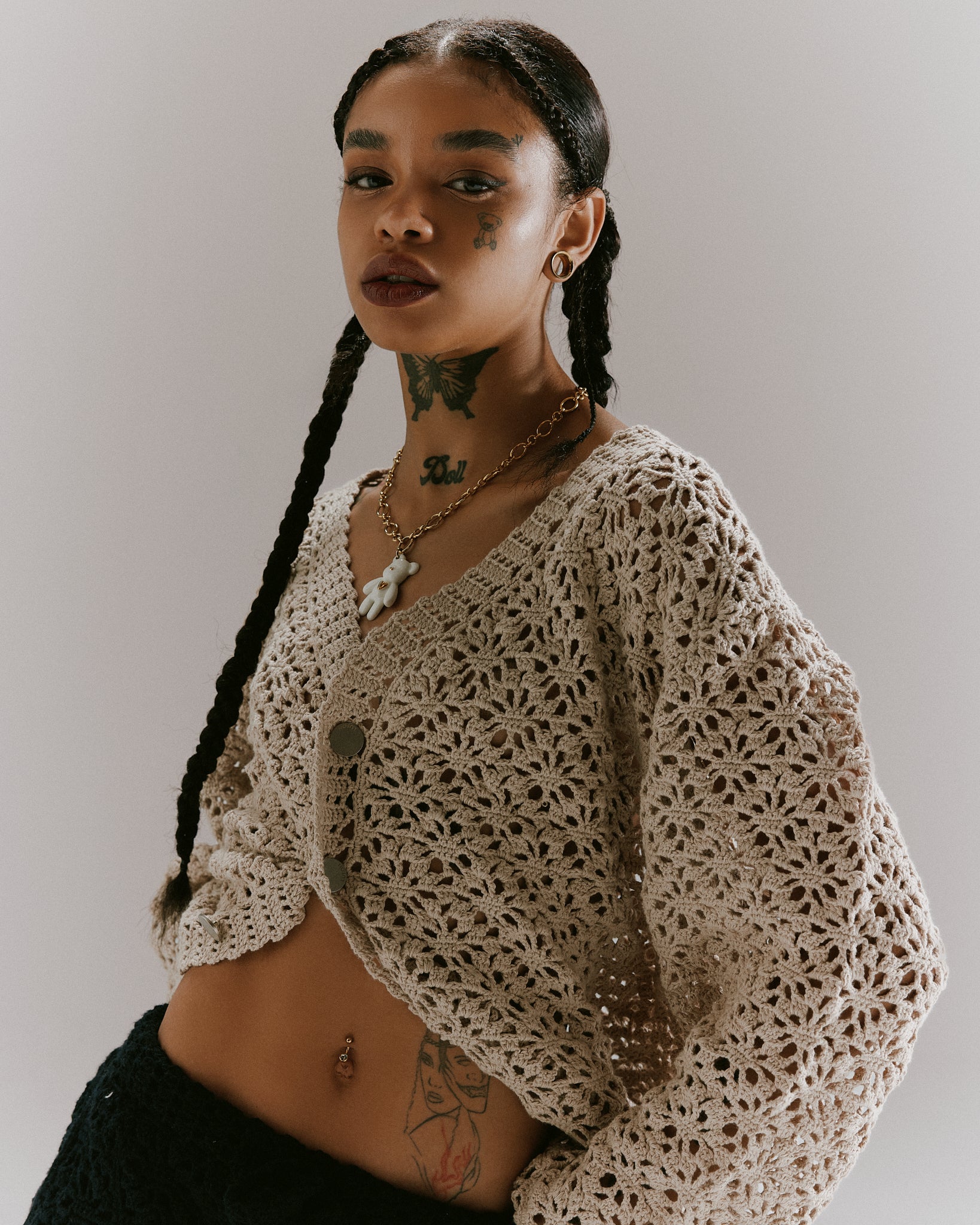 CROCHET HAND KNIT CARDIGAN -  LIGHT BEIGE