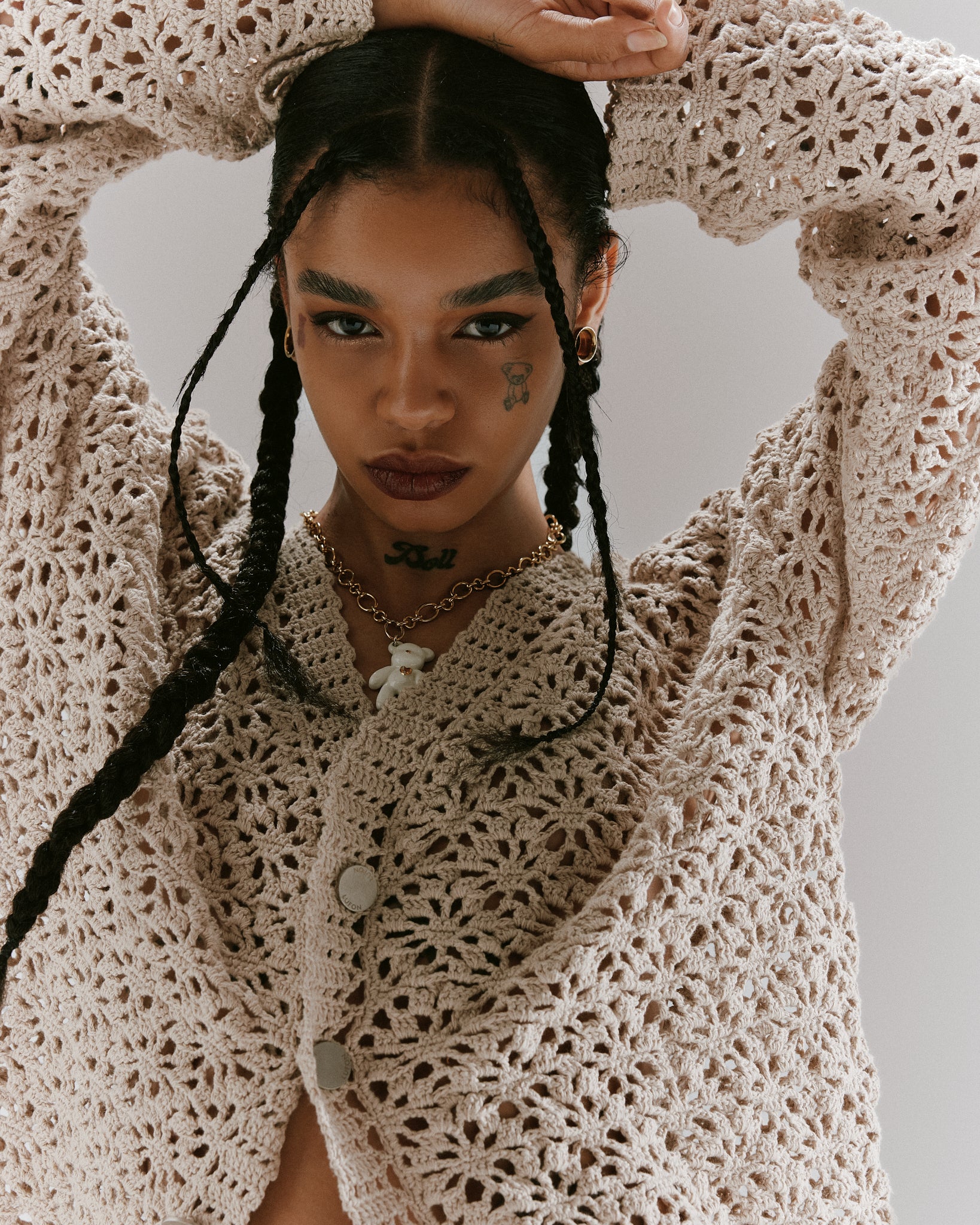 CROCHET HAND KNIT CARDIGAN -  LIGHT BEIGE
