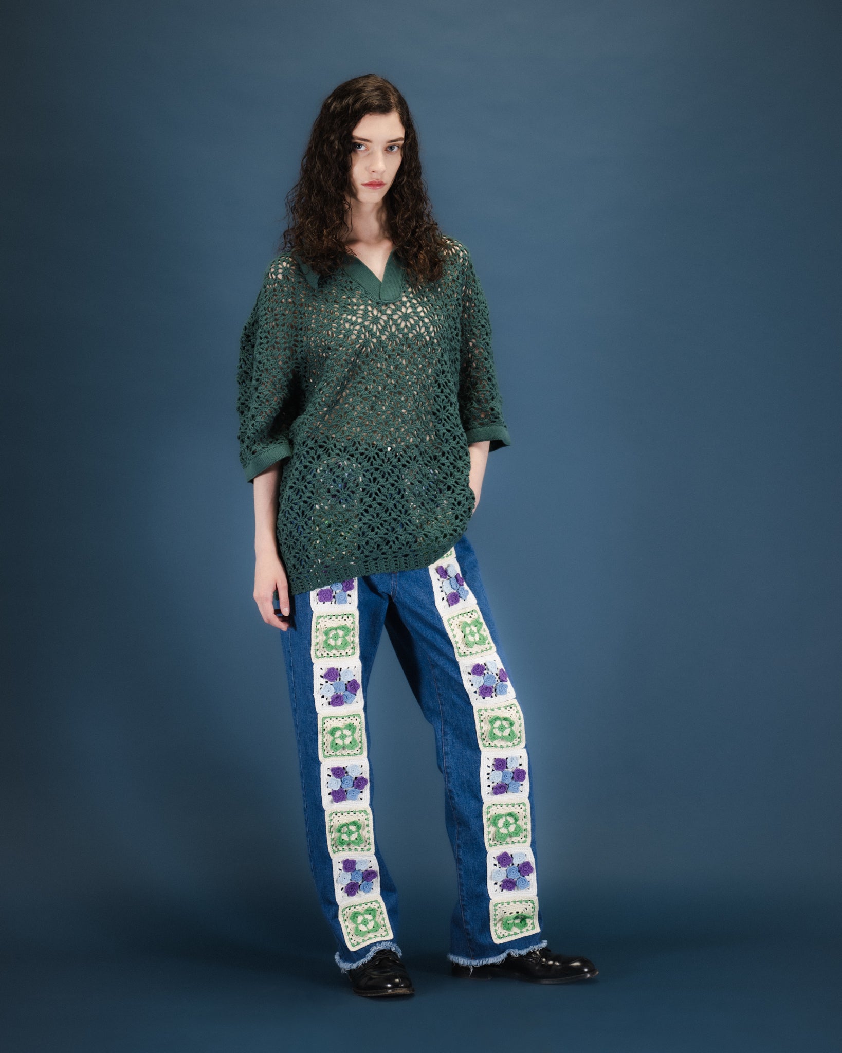 Crochet Flower Motif Wide Jeans - Indigo