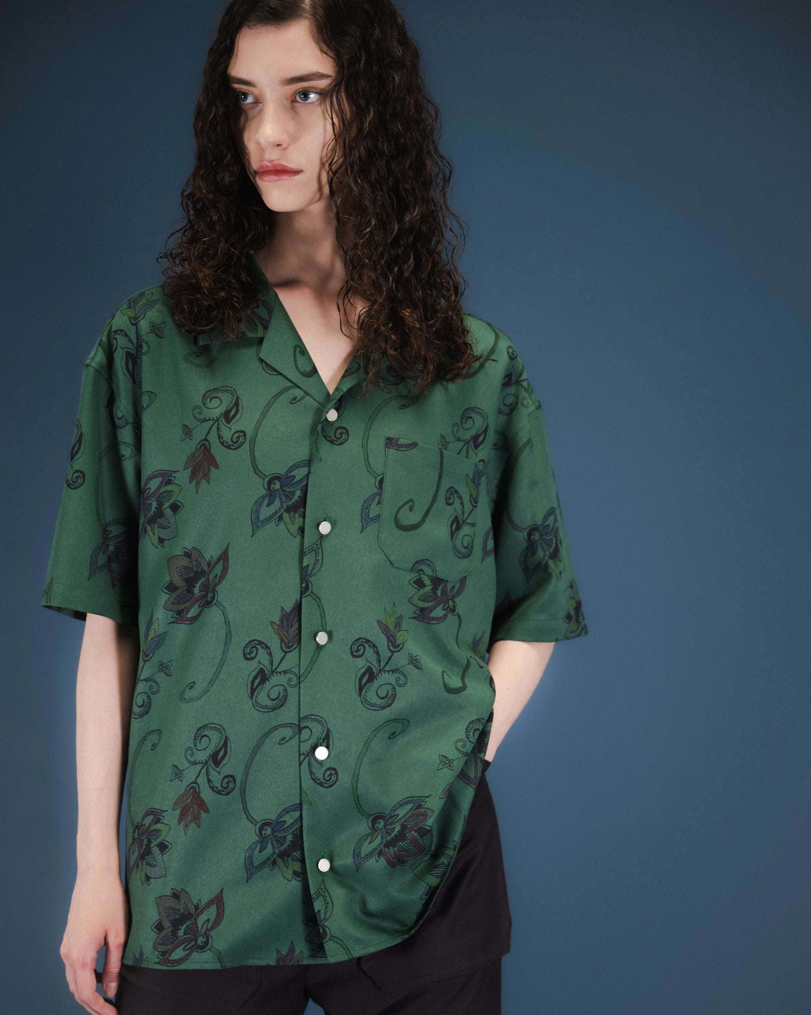 HAND-PAINTED BOTANICAL PRINT OPEN COLLAR SHIRTS - GREEN