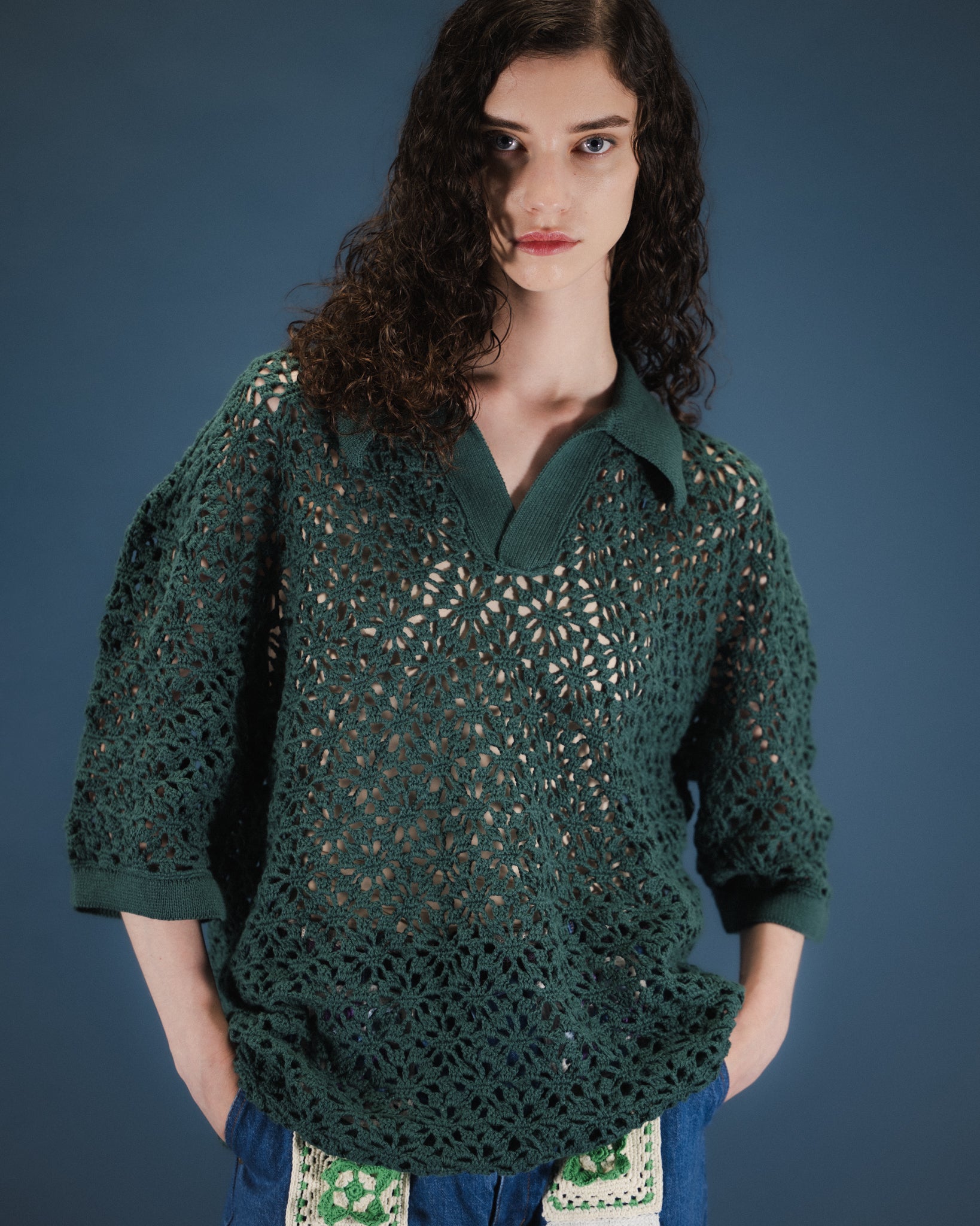 CROCHET HAND KNIT SKIPPER POLO (LOOSE FIT) -  GREEN